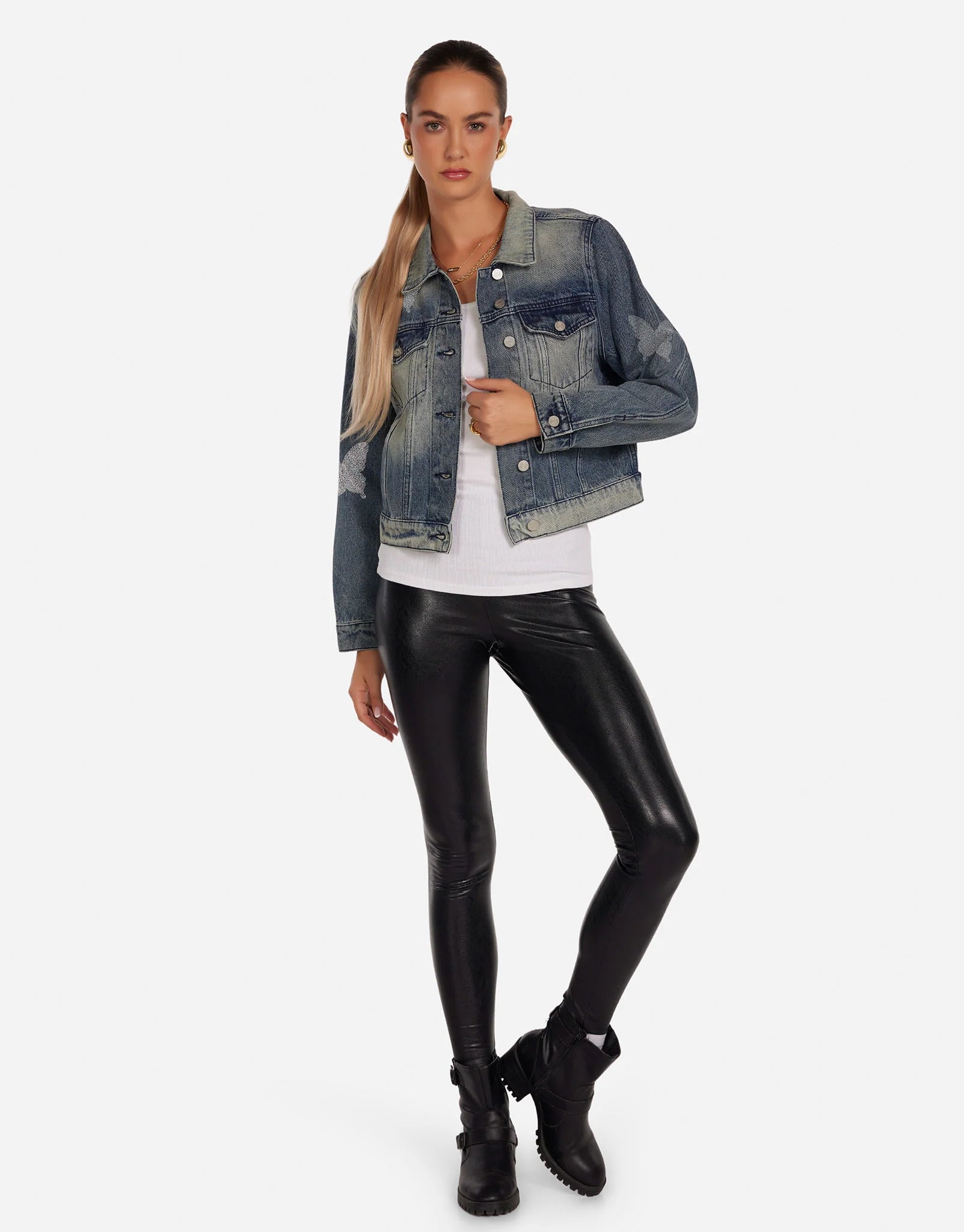 Elena Crystal Butterfly Embroidered Denim Jacket - Stone Wash Vintage Style for Women | Perfect for Casual Outfits, Parties & Spring Fashion