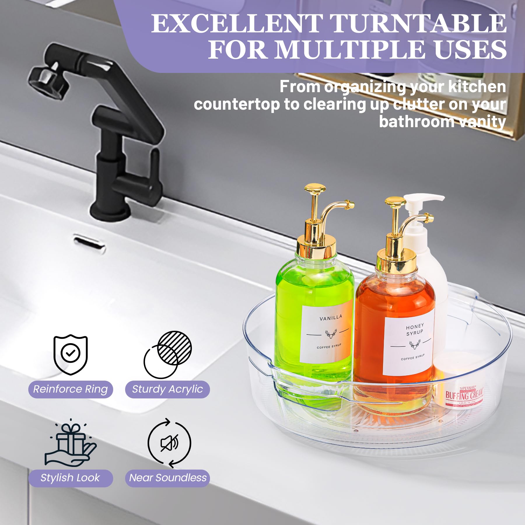 5 Pack Clear Lazy Susan Organizer - 11.5 Inch Non-Skid Rotating Turntable with Handles for Spices, Kitchen Storage & Cabinet Organization | Perfect for Refrigerator, Pantry, Bathroom & Home Organization