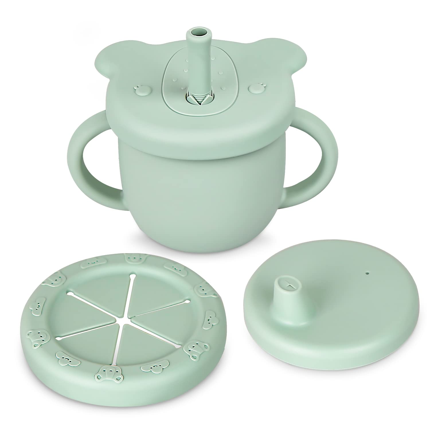 3 in 1 Silicone Baby Straw Cups with Two Handles - Leak Proof Sippy Cup & Snack Container for Toddlers - BPA Free Training Cup for Infants - Perfect for Travel, Daycare & Learning to Drink Independently