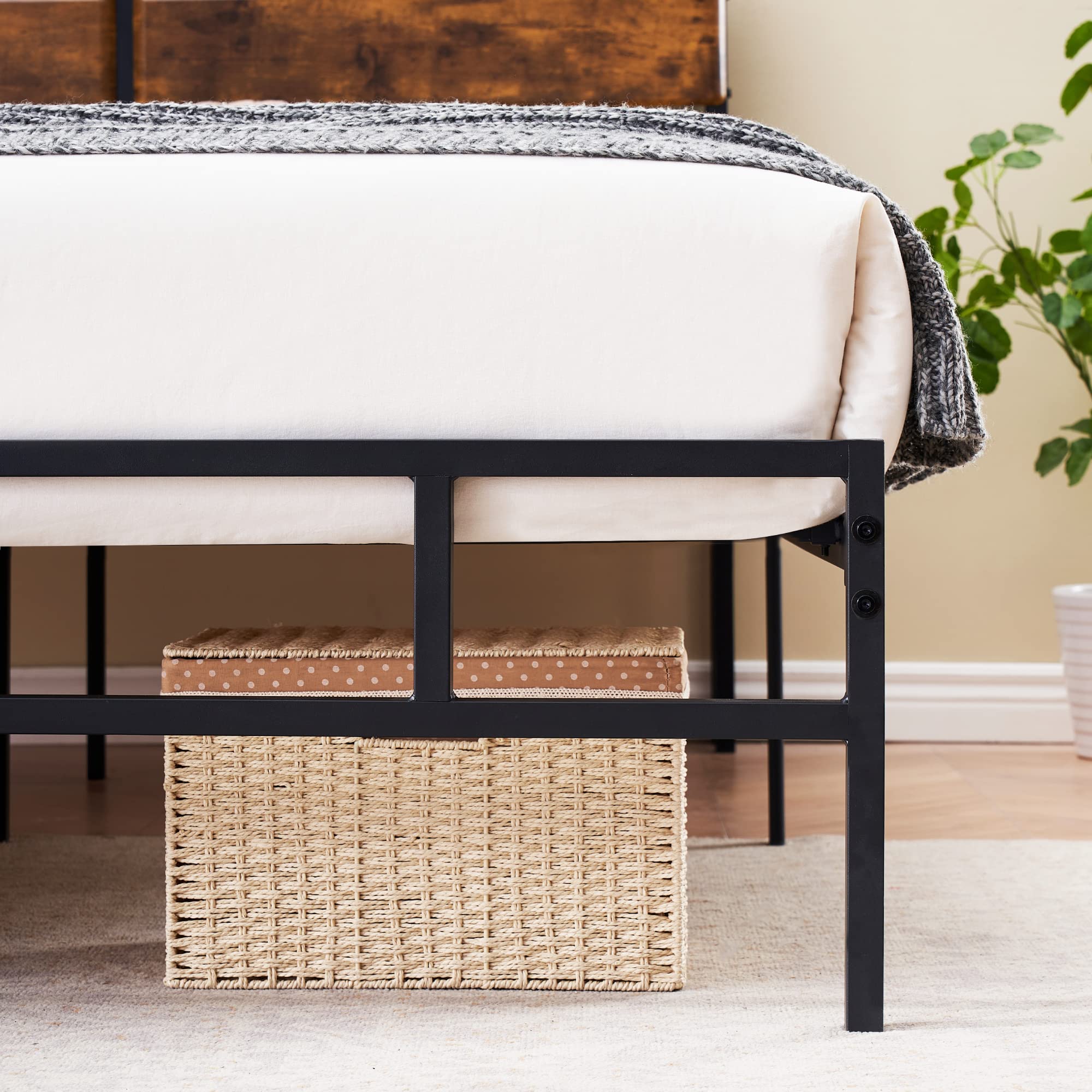 Sturdy Metal Full Size Platform Bed Frame with Storage & Rustic Wood Headboard - No Box Spring Needed, Heavy Duty Metal Slats for Mattress Support - Perfect for Bedroom, Guest Room & Small Space Living