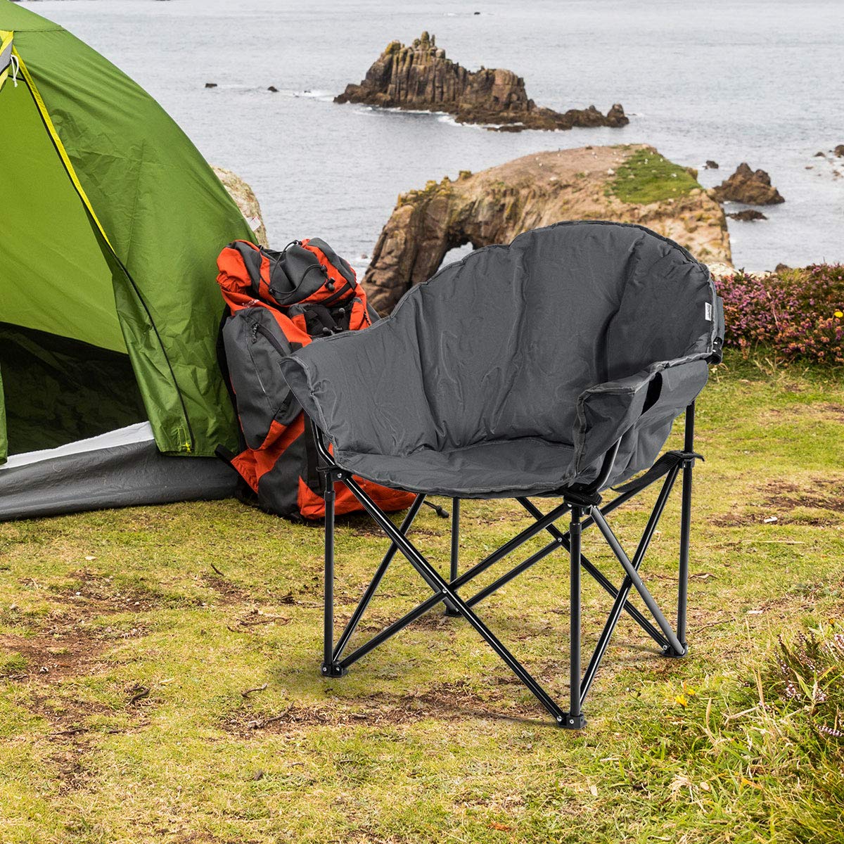**Tangkula Oversized Camping Chair - Heavy Duty Padded Folding Chair with Cup Holder & Carry Bag, Moon Round Saucer Club Chair for Outdoor, Picnic, Fishing, Hiking, Beach, Backyard, BBQ, Concert (Grey, 2-Pack) - Perfect for Relaxing in Comfort Anywhere**