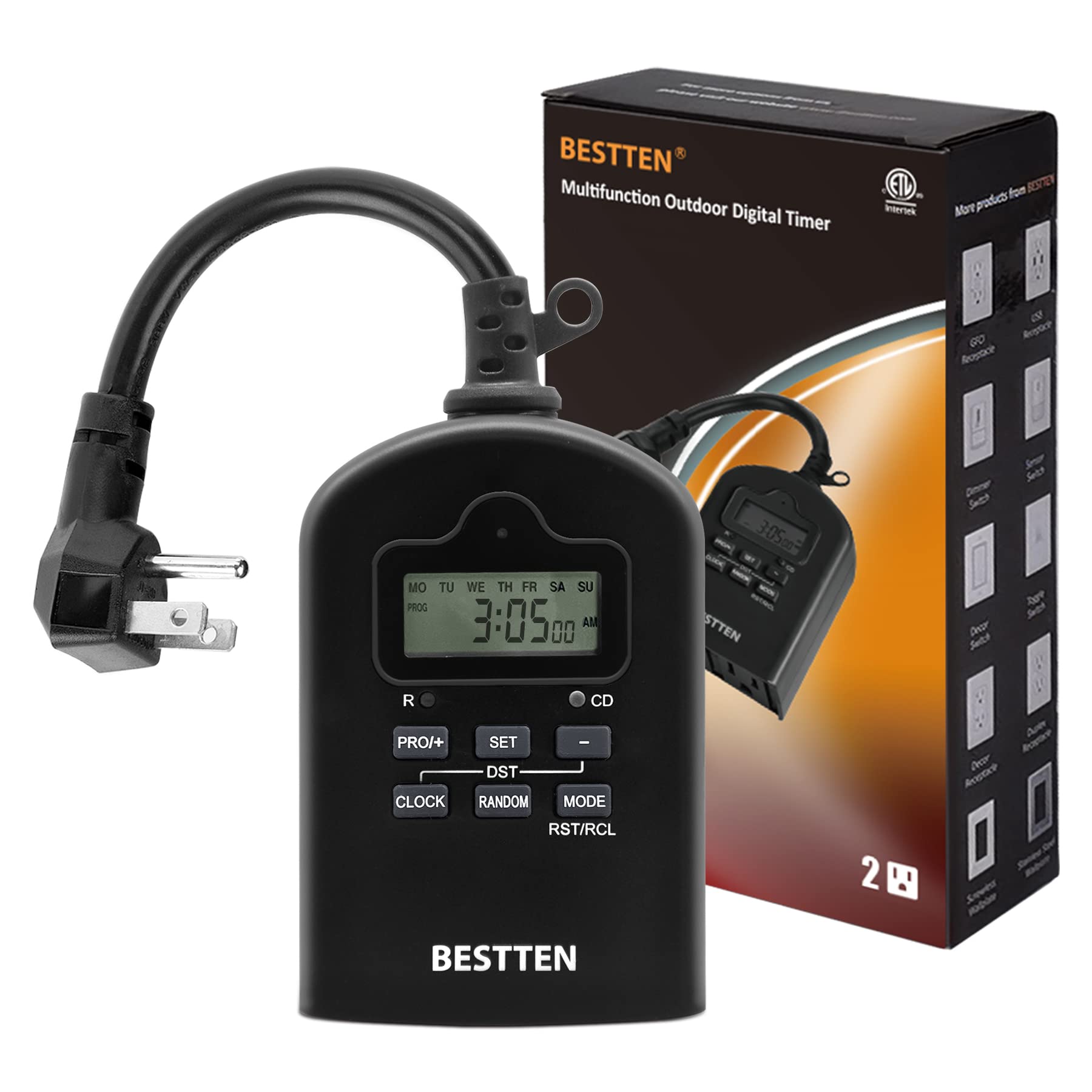 BESTTEN 7-Day Digital Outdoor Light Timer with Clock - Programmable Push Button Timer, Dual Grounded Outlets, Countdown Function, ETL Certified (Black) - Perfect for Garden Lights, Holiday Decorations & Outdoor Lighting Automation