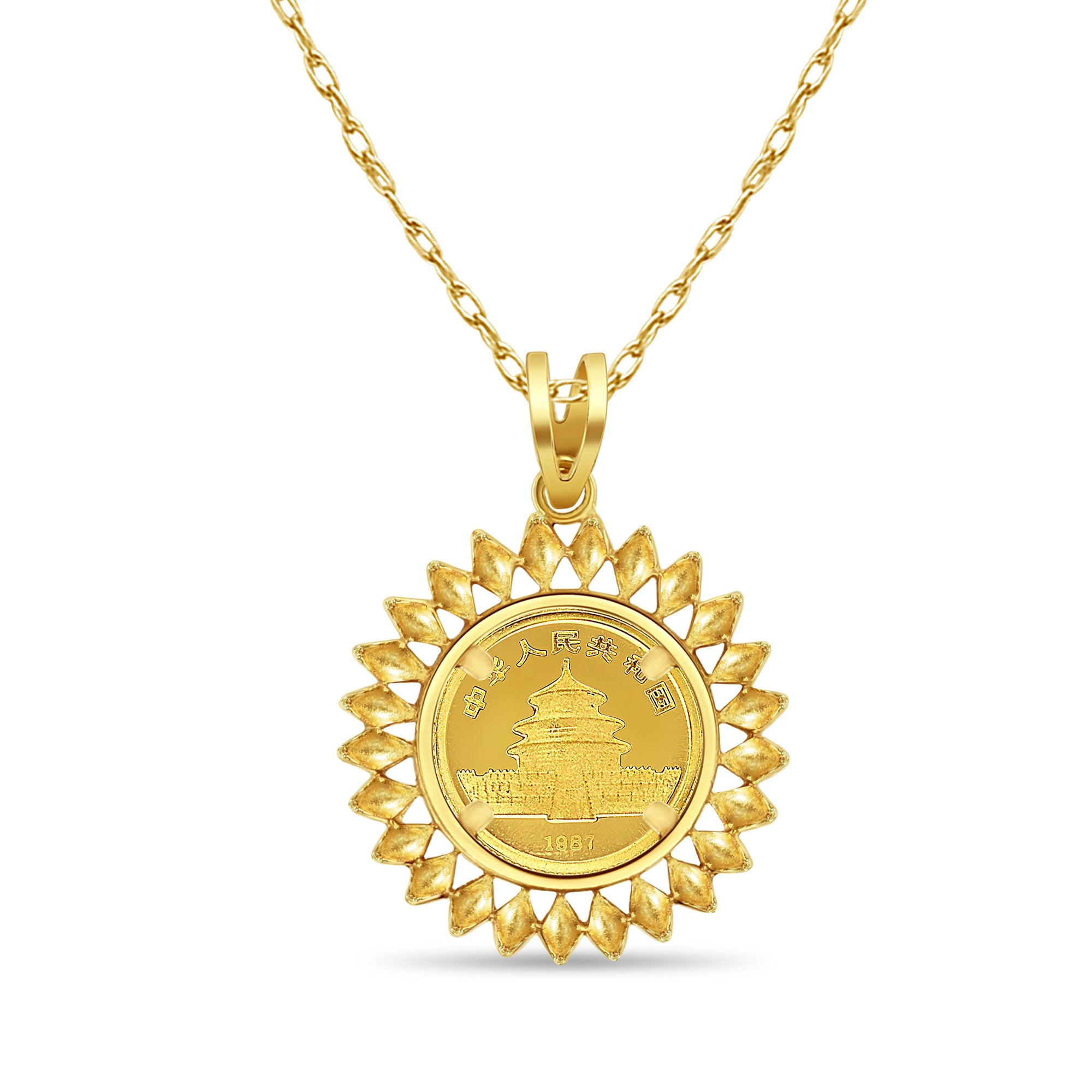 1/20 oz Chinese Panda Gold Coin Pendant with Aztec Bezel - 24K Gold Plated Necklace for Women, Gift for Collectors & Jewelry Lovers (Birthday, Anniversary, Graduation Present)