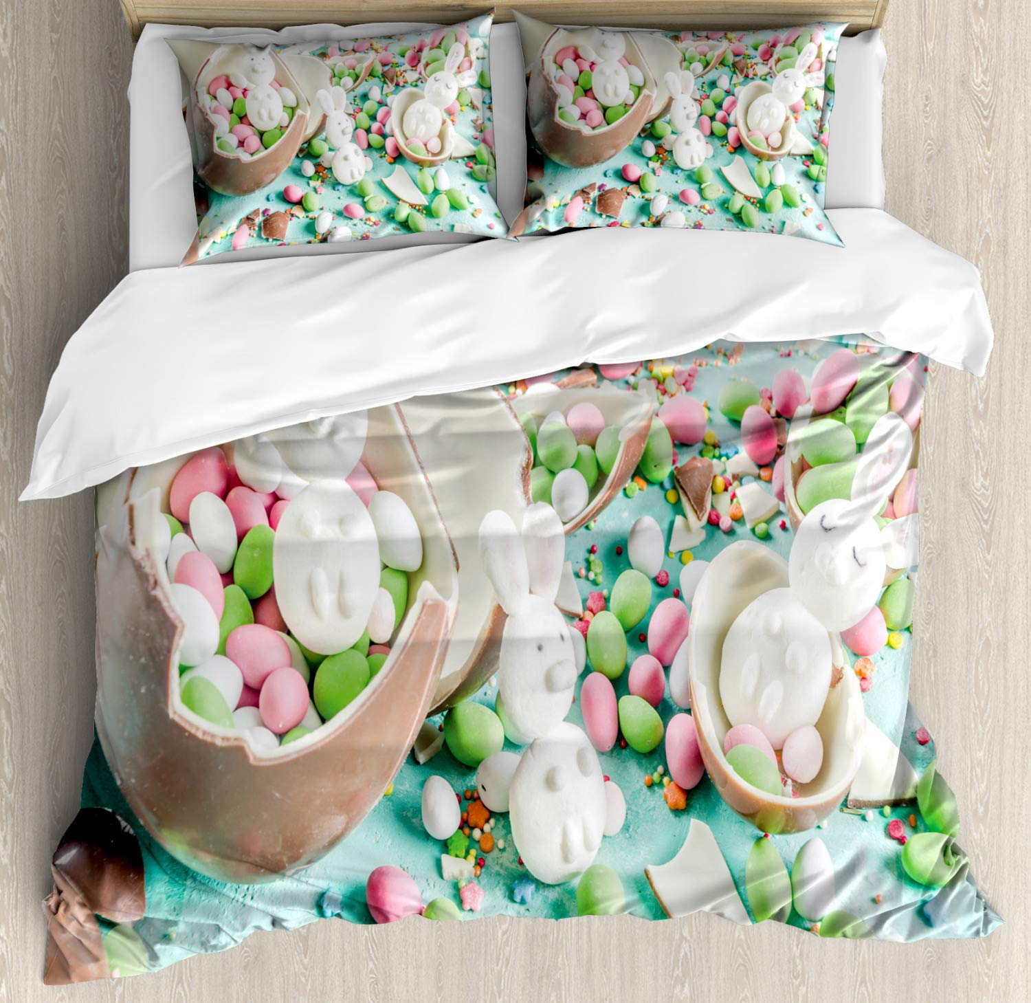 Ambesonne Easter Bunny Duvet Cover Set - Pastel Chocolate Eggs Photo Design, 3-Piece Spring Bedding Set with 2 Pillow Shams, Queen Size Multicolor - Perfect for Easter Decor, Spring Home Refresh & Cozy Bedroom Makeover