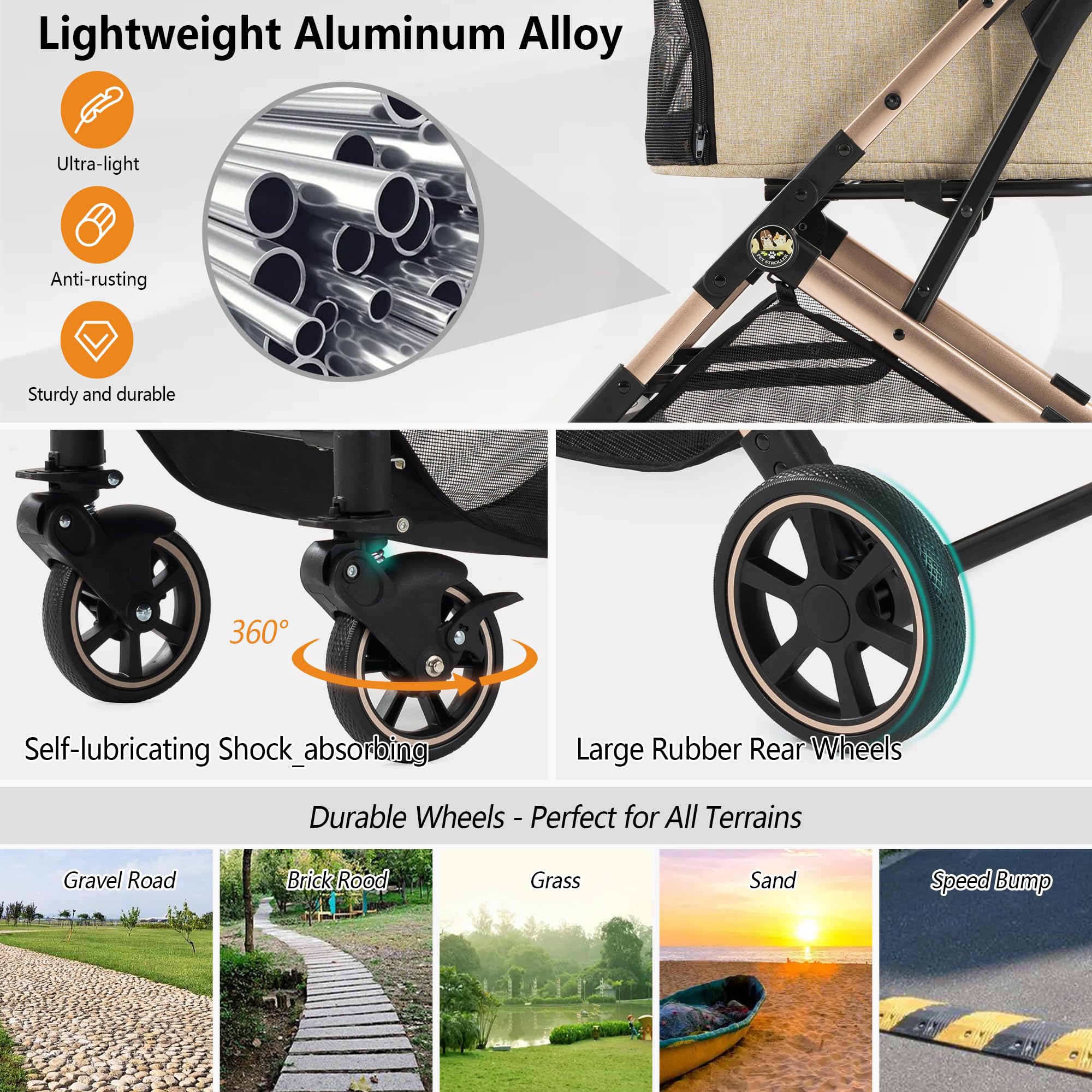 Kenyone Medium Dog Stroller for Pets Up to 55lbs - Lightweight Aluminum Frame, One-Click Folding, No-Zip Entry & Detachable Mesh - Perfect for Walks, Vet Visits & Outdoor Adventures
