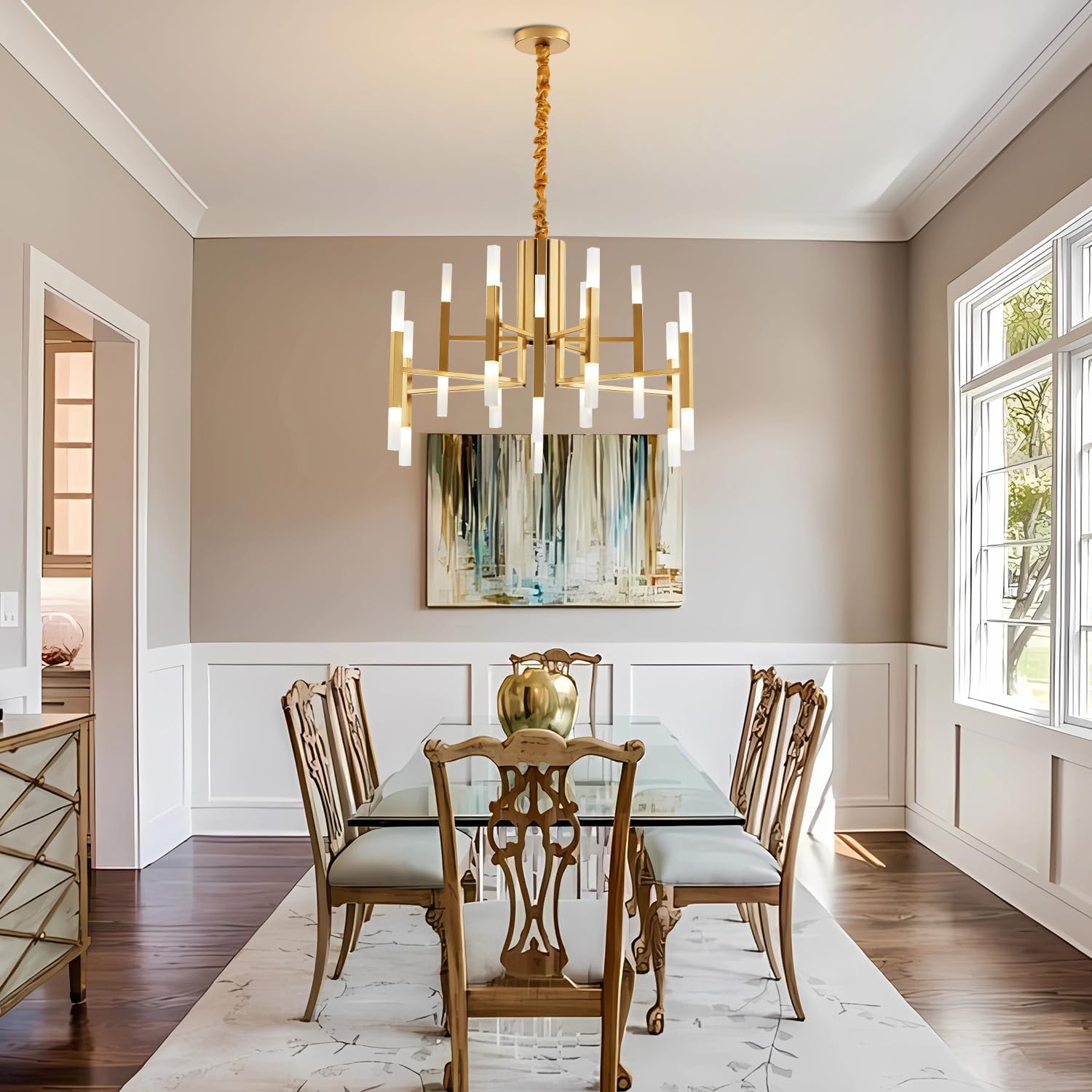 BOKT 24-Light Gold Sputnik Chandelier - Brushed Brass LED Ceiling Light Fixture, Adjustable Height Flush Mount Pendant Lamp for Kitchen Island, Living Room & Dining Room | Modern Lighting for Home Decor & Interior Design