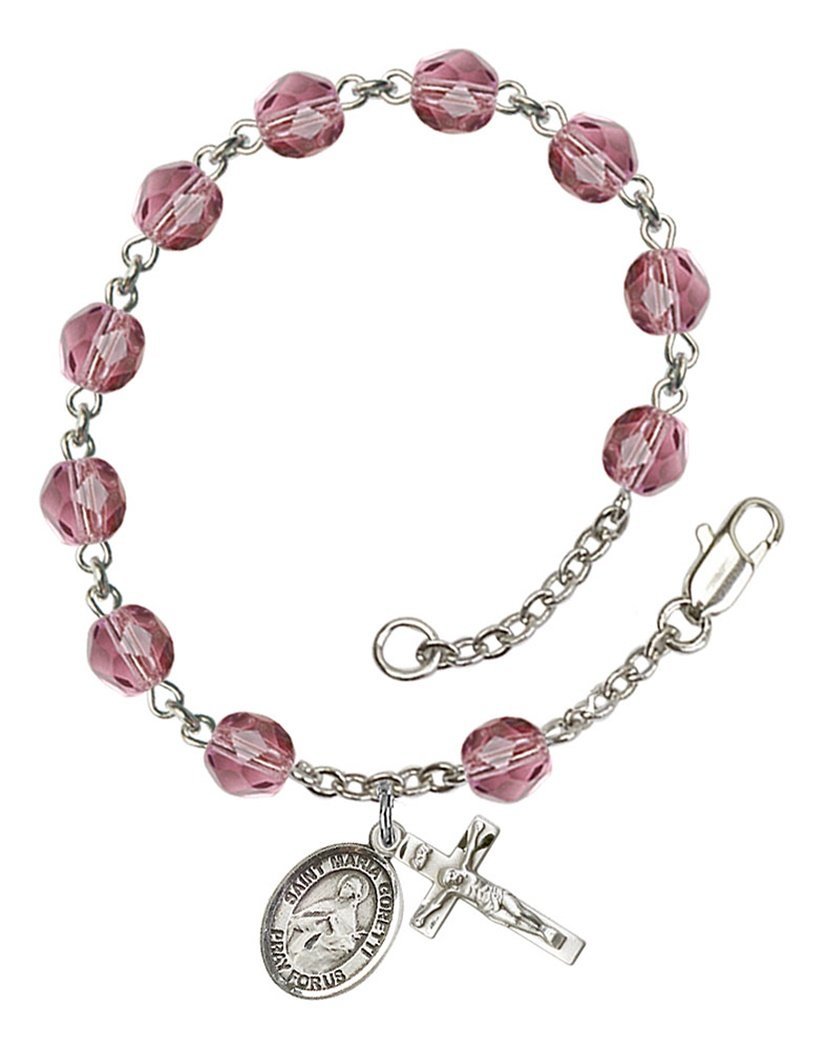 February Birthstone Bead Rosary Bracelet with St. Maria Goretti Charm - 7.5 Inch Catholic Prayer Jewelry for Women | Perfect Baptism, First Communion & Daily Devotion Gift