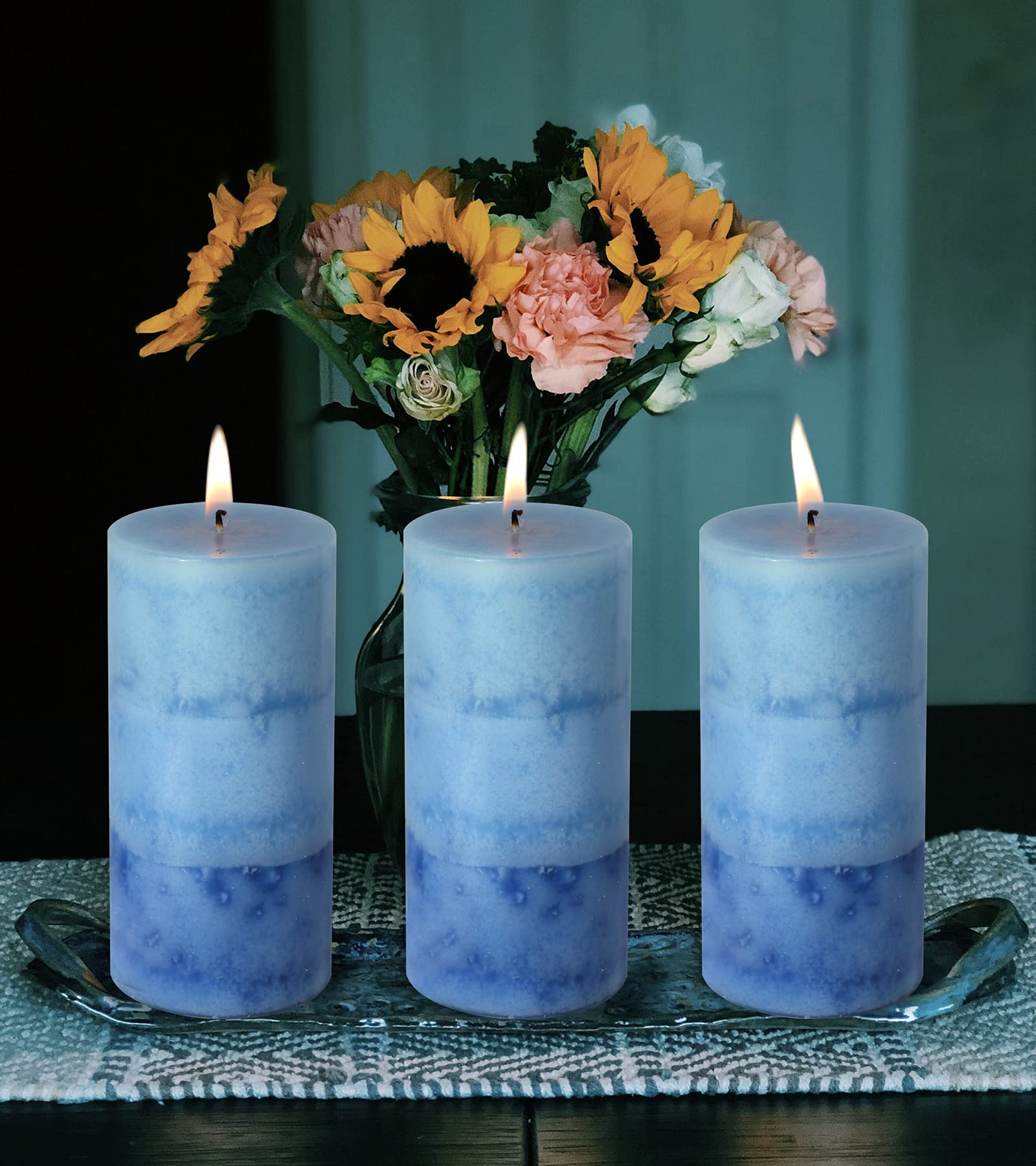 Ocean Scented Pillar Candles 3-Pack - 60+ Hour Burn, Blue Home Fragrance for Relaxation & Spa
