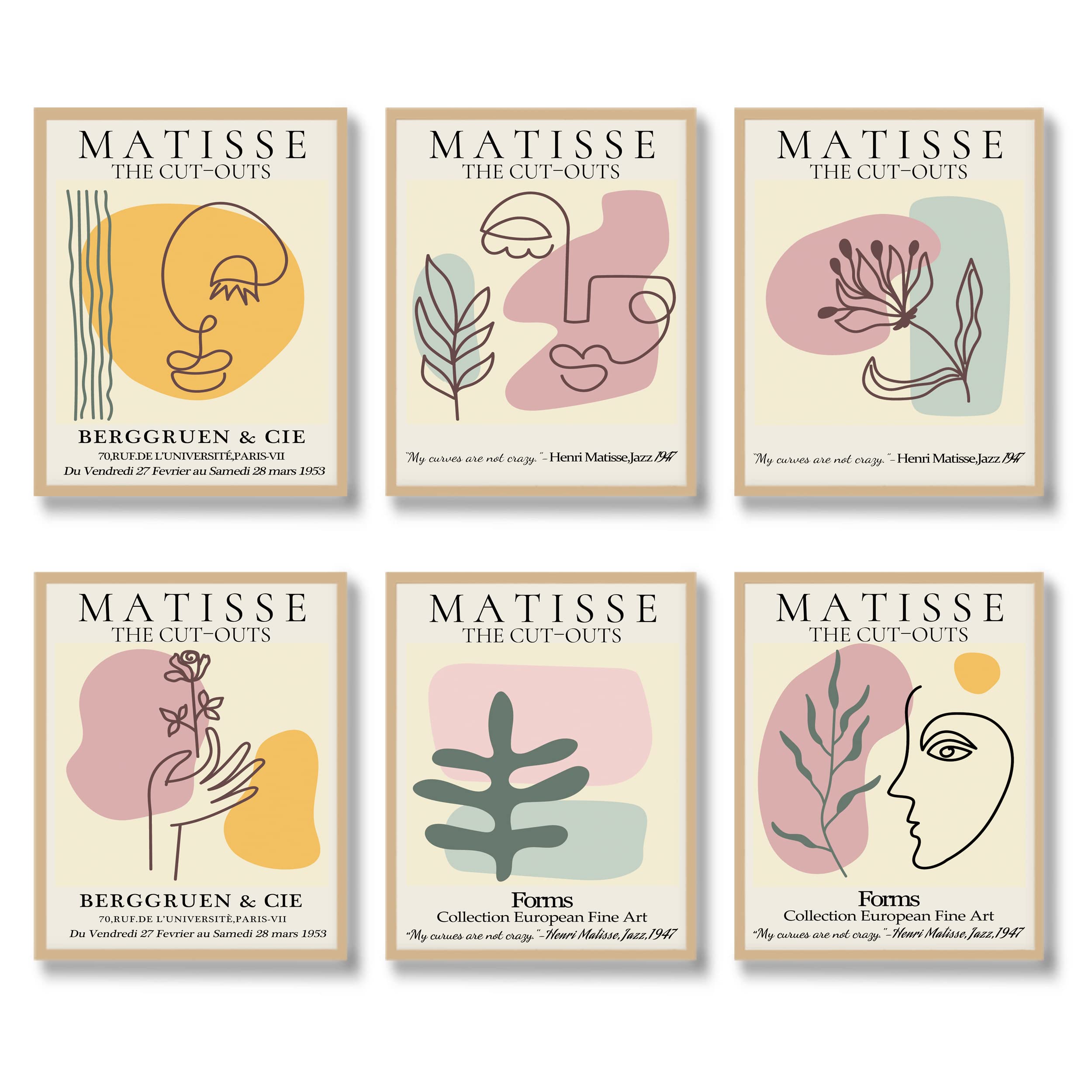 Matisse Abstract Wall Art Print Set of 6 - Minimalist Canvas Posters for Home & Office Decor - 11x14 Inch UNFRAMED - Perfect for Living Room, Bedroom & Workspace Aesthetic Enhancement
