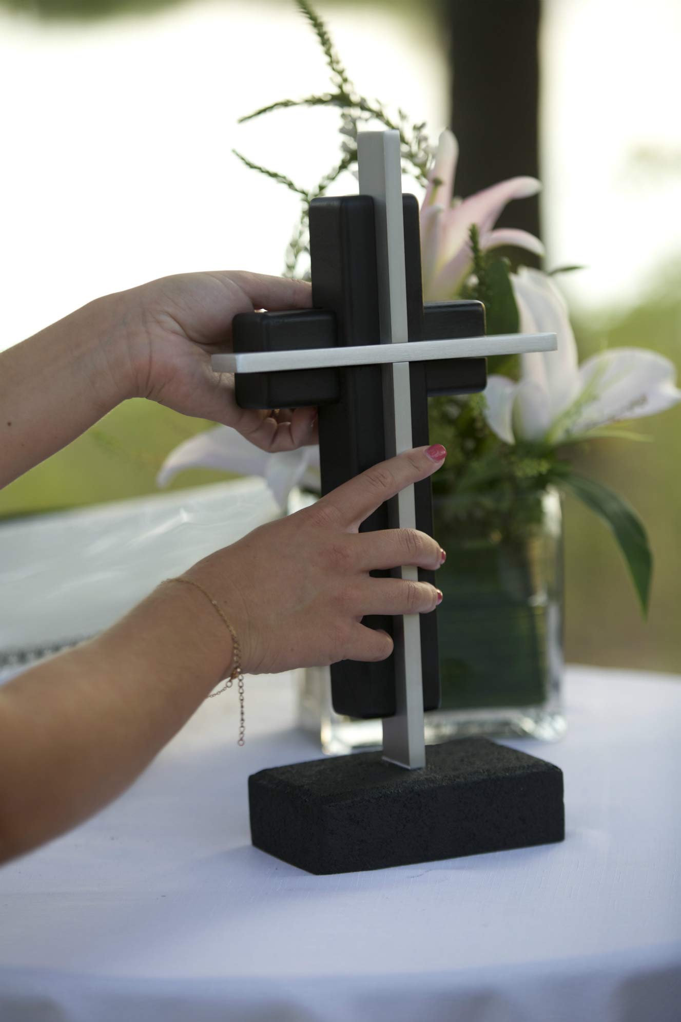 The Unity Cross® Pearl White & Brushed Aluminum - Elegant Alternative to Unity Candle & Unity Sand Ceremony for Weddings, Anniversaries & Special Occasions