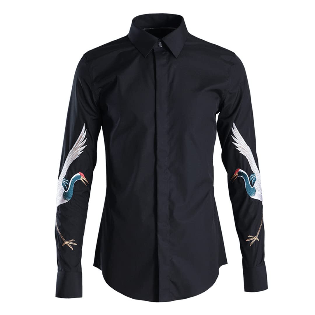 Renost Men's Slim Fit Long Sleeve Button Down Shirt with Embroidery - Business Formal Dress Shirt for Office, Meetings & Special Occasions