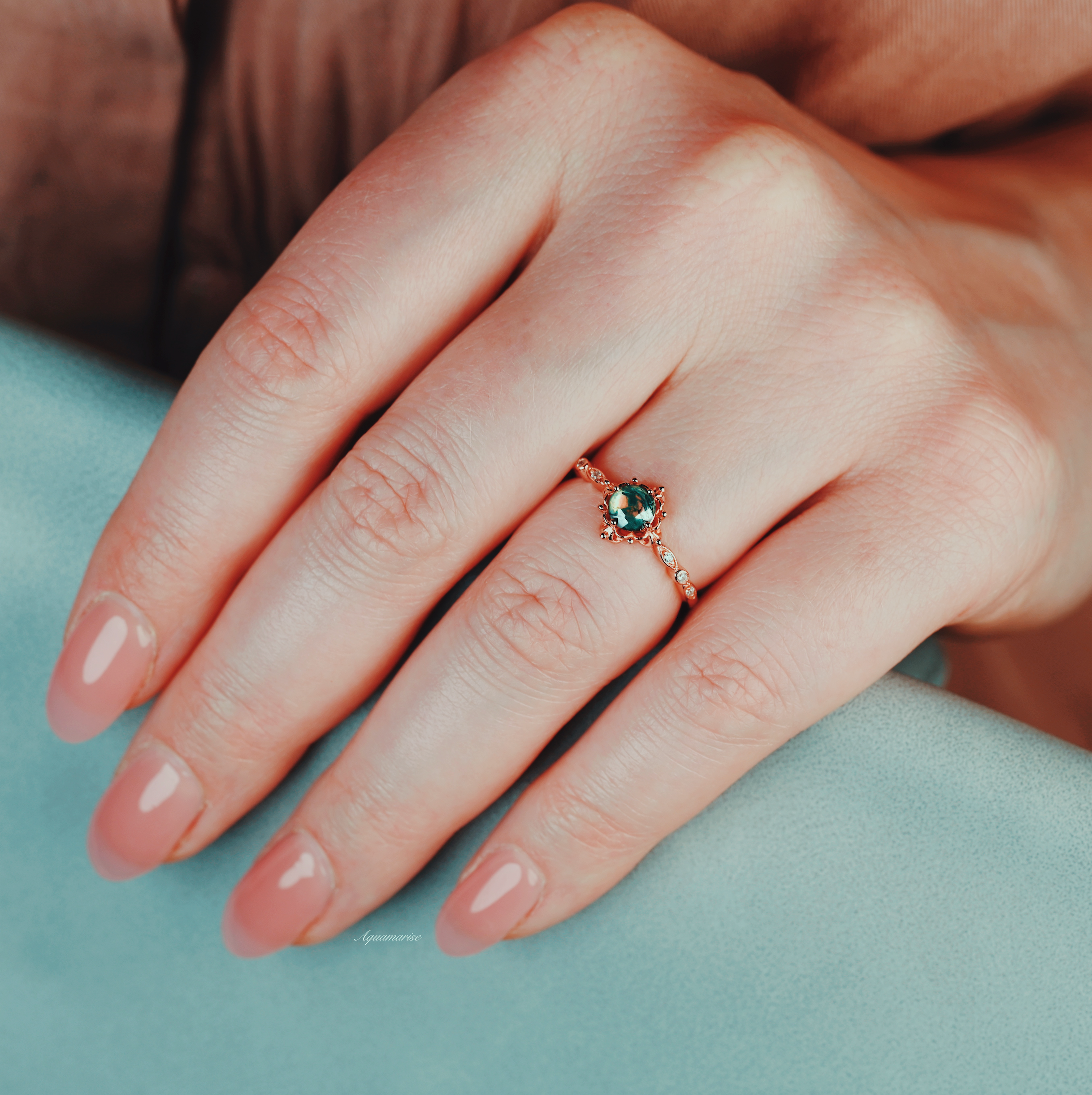 Natural Green Moss Agate Fairytale Engagement Ring - 14K Rose Gold Vermeil for Women | Elegant Wedding, Promise & Anniversary Jewelry Gift