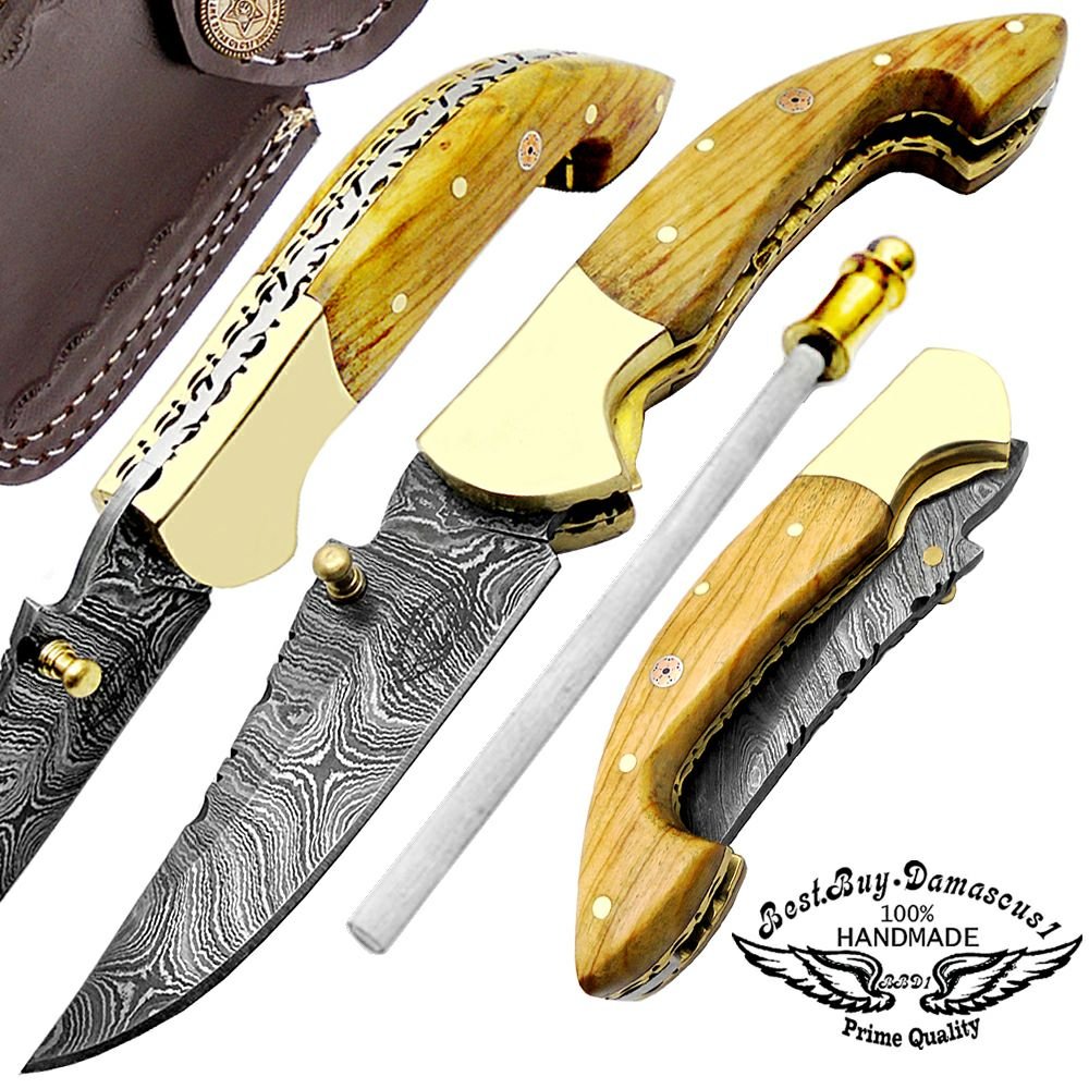 Premium Damascus Steel & Olive Wood Folding Pocket Knife - 7.5