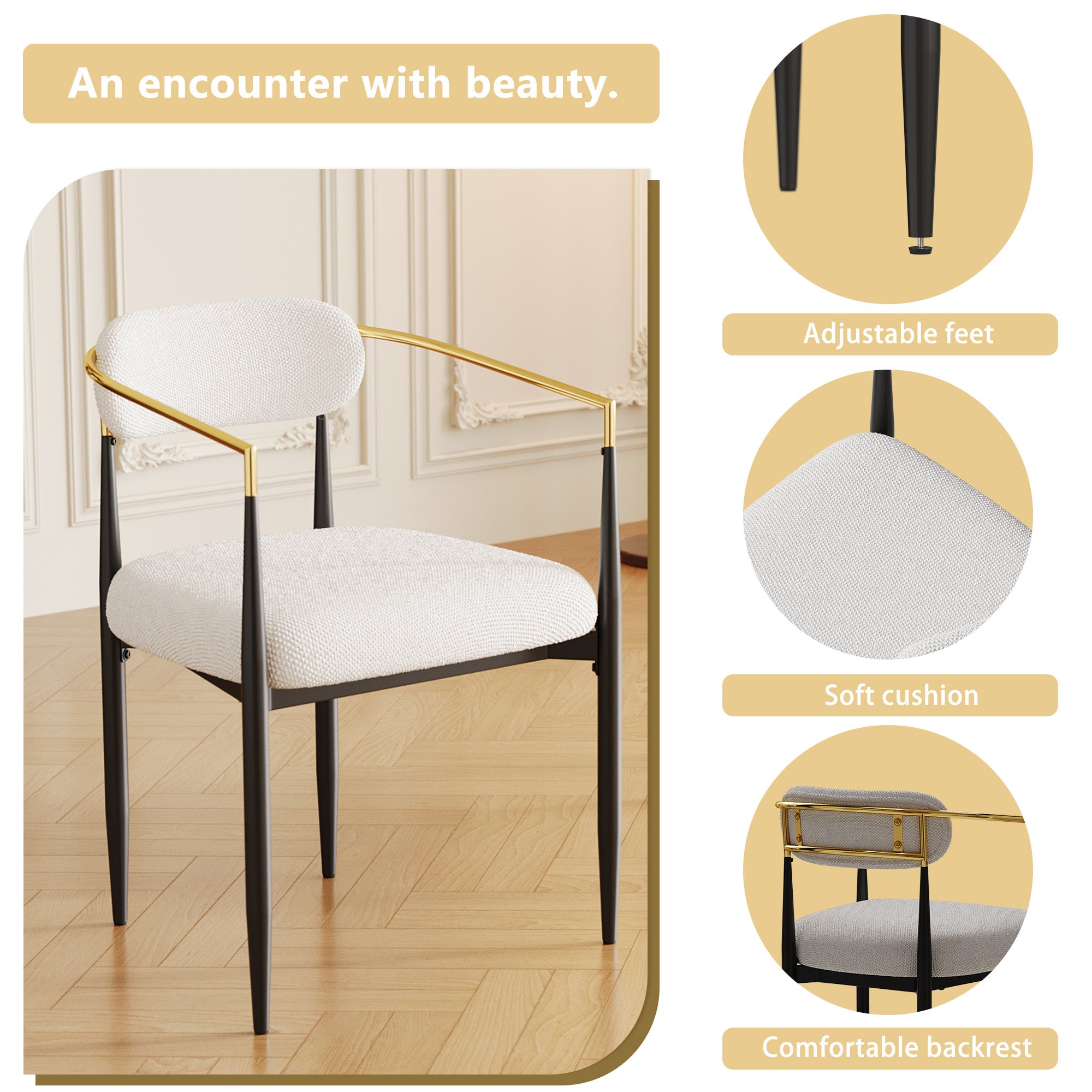 Set of 2 White Medieval Modern Dining Chairs - Teddy Velvet Upholstery with Metal Legs, Easy Assembly for Kitchen, Home & Office | Perfect for Small Spaces, Breakfast Nooks & Contemporary Dining Areas