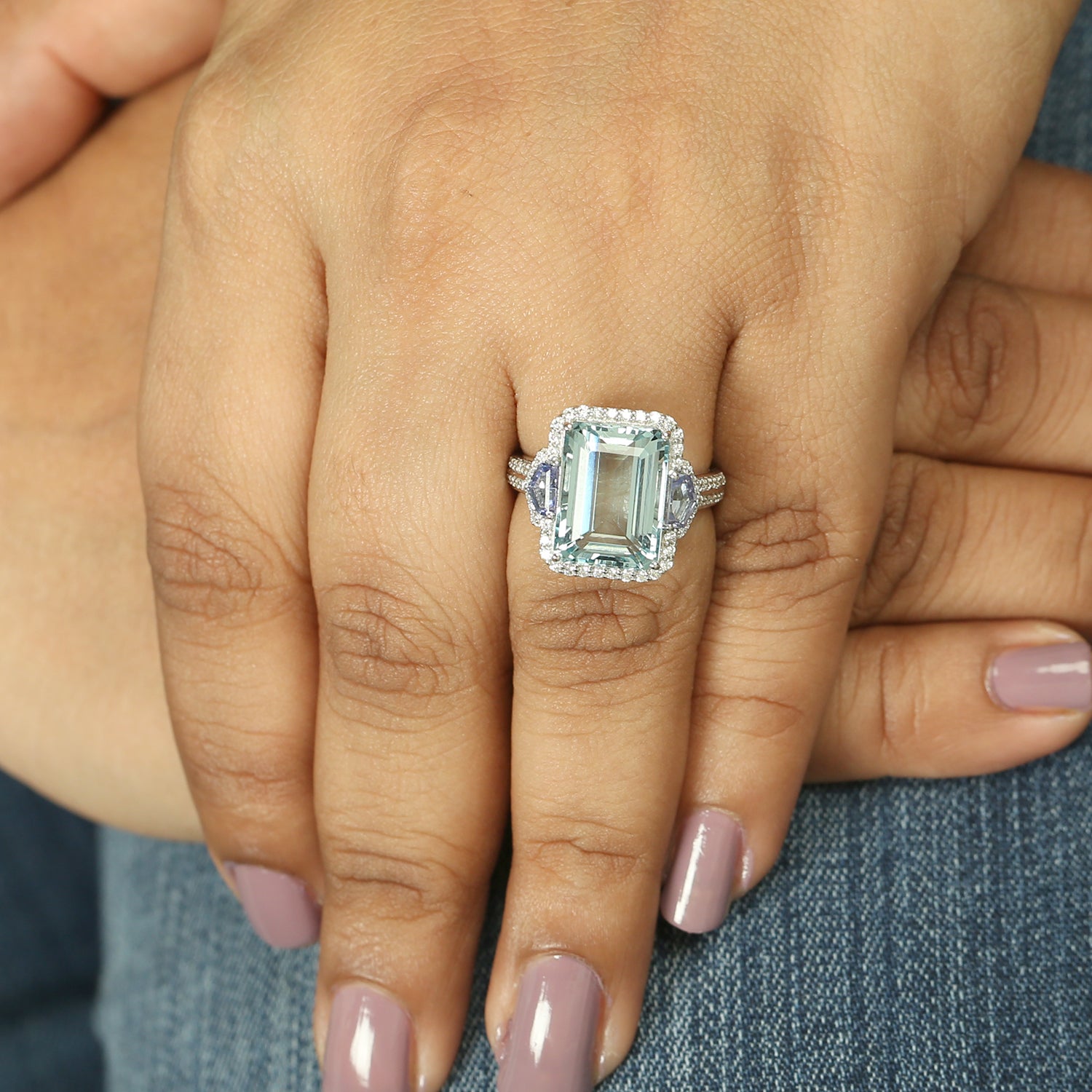 18K White Gold Emerald Cut Aquamarine Tanzanite Diamond Three Stone Ring - Elegant Bridal Jewelry for Engagement & Anniversary Gifts