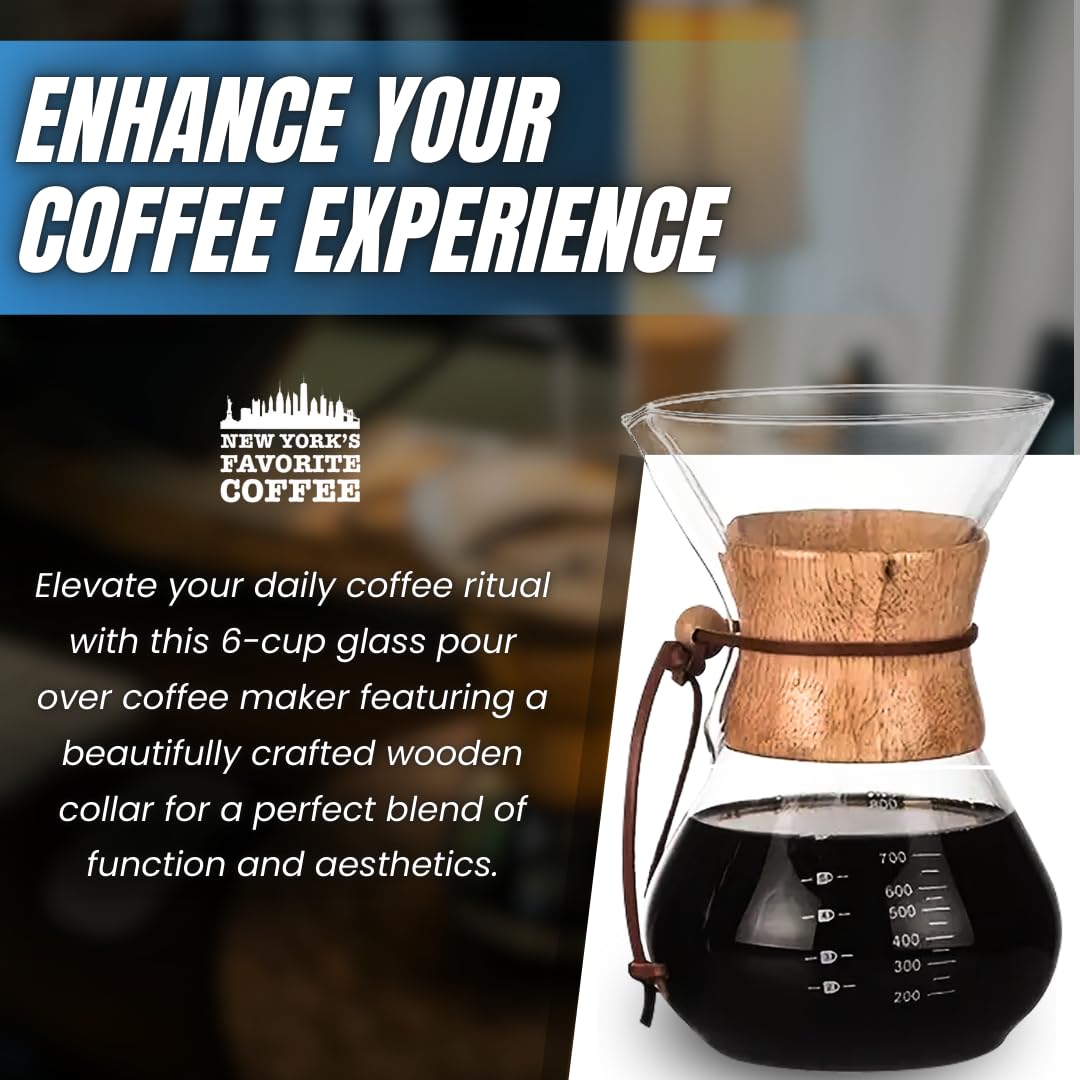 Premium 6-Cup Pour Over Coffee Maker - Borosilicate Glass Carafe with Wooden Collar for Home & Office Brewing