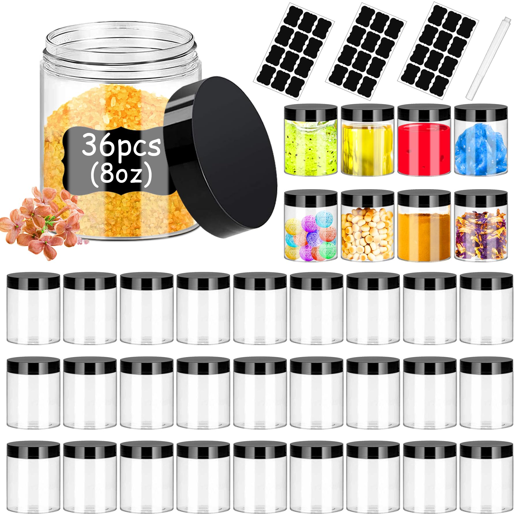 8OZ Clear Plastic Jars with Black Lids (36PCS) - Leak Proof Small Cosmetic Containers for Lotion, Cream, Slime & Travel Essentials | Refillable Round Sample Jars for DIY, Beauty Products & Storage
