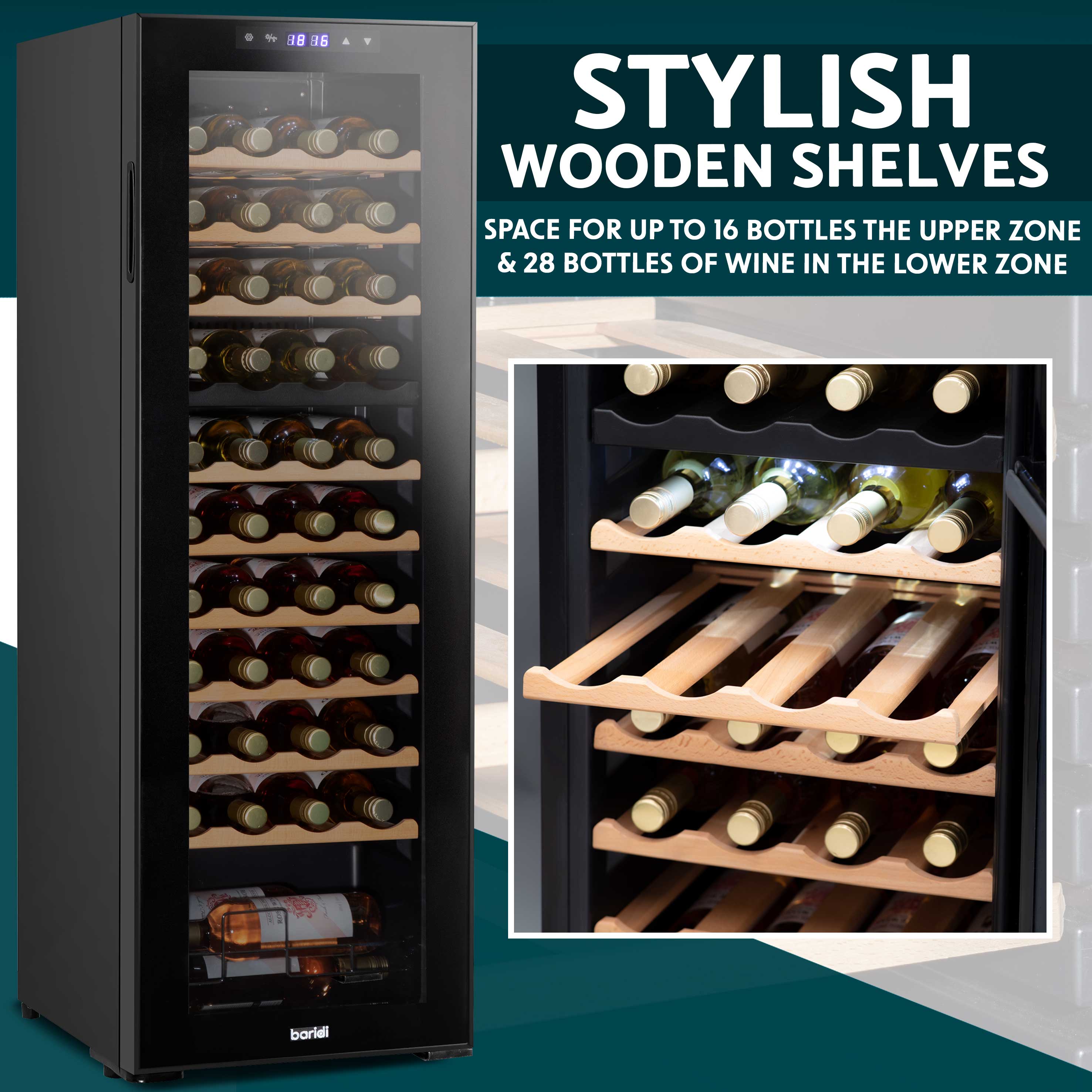 Baridi 44 Bottle Dual Zone Wine Cooler Refrigerator with Touch Screen Controls & Wooden Shelves - Perfect for Home Bars, Restaurants, and Wine Cellars