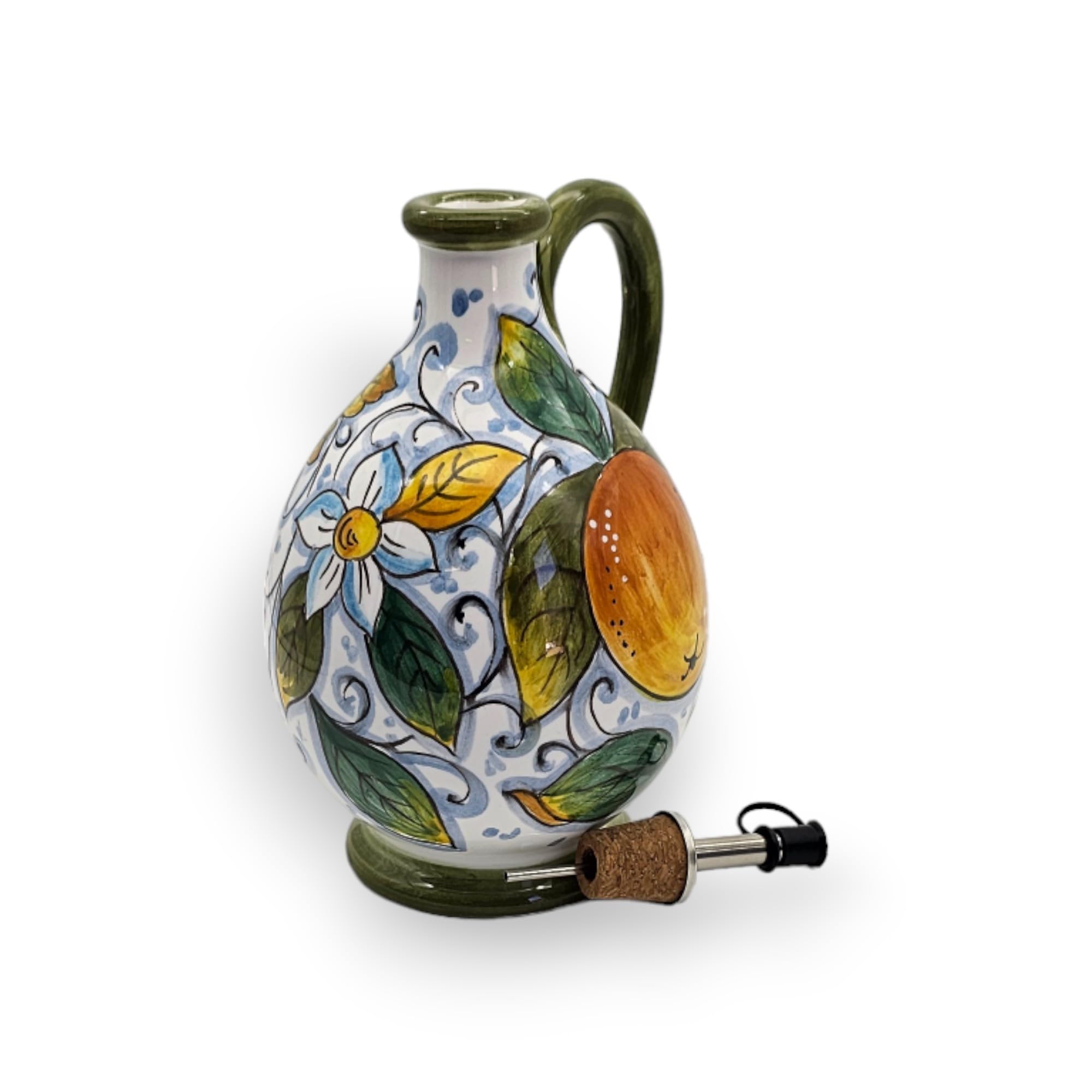 Italian Ceramic Olive Oil Dispenser Bottle XL Size 14oz - Hand Painted Tuscan Fruit Design Oil Cruet - Authentic Italian Pottery from Tuscany - Perfect for Kitchen, Dining Table & Gourmet Cooking Gifts