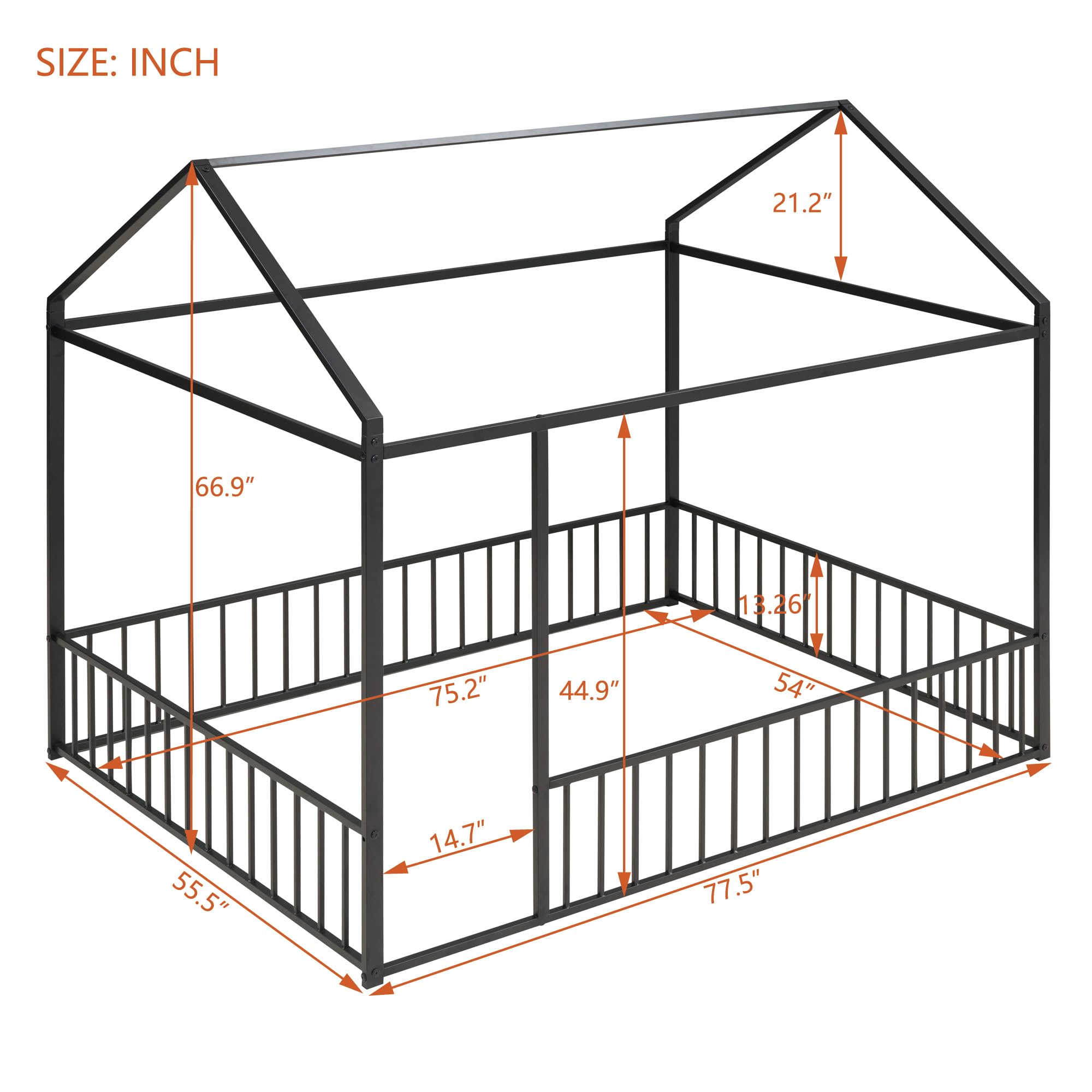 Montessori Floor Bed for Kids - Full Size Metal House Bed Frame with Safety Fence, Black Playhouse Toddler Bed for Boys & Girls - Perfect for Montessori Bedrooms, Playrooms & Safe Sleep Spaces