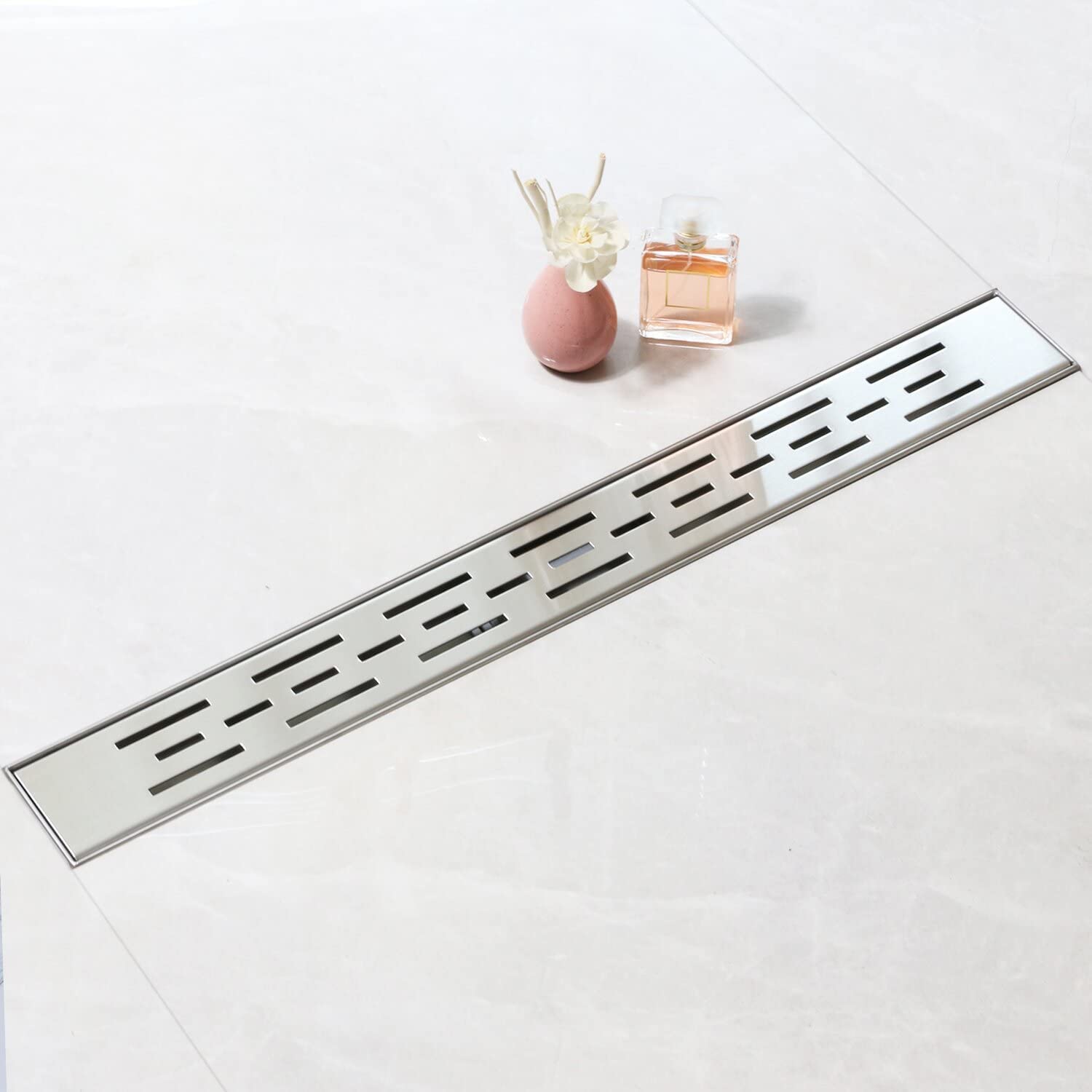 60 Inch Linear Shower Drain with Bar Pattern Grate - AISI 304 Stainless Steel Shower Drain with Hair Strainer & Leveling Feet - Perfect for Modern Bathroom Renovations and Walk-in Showers