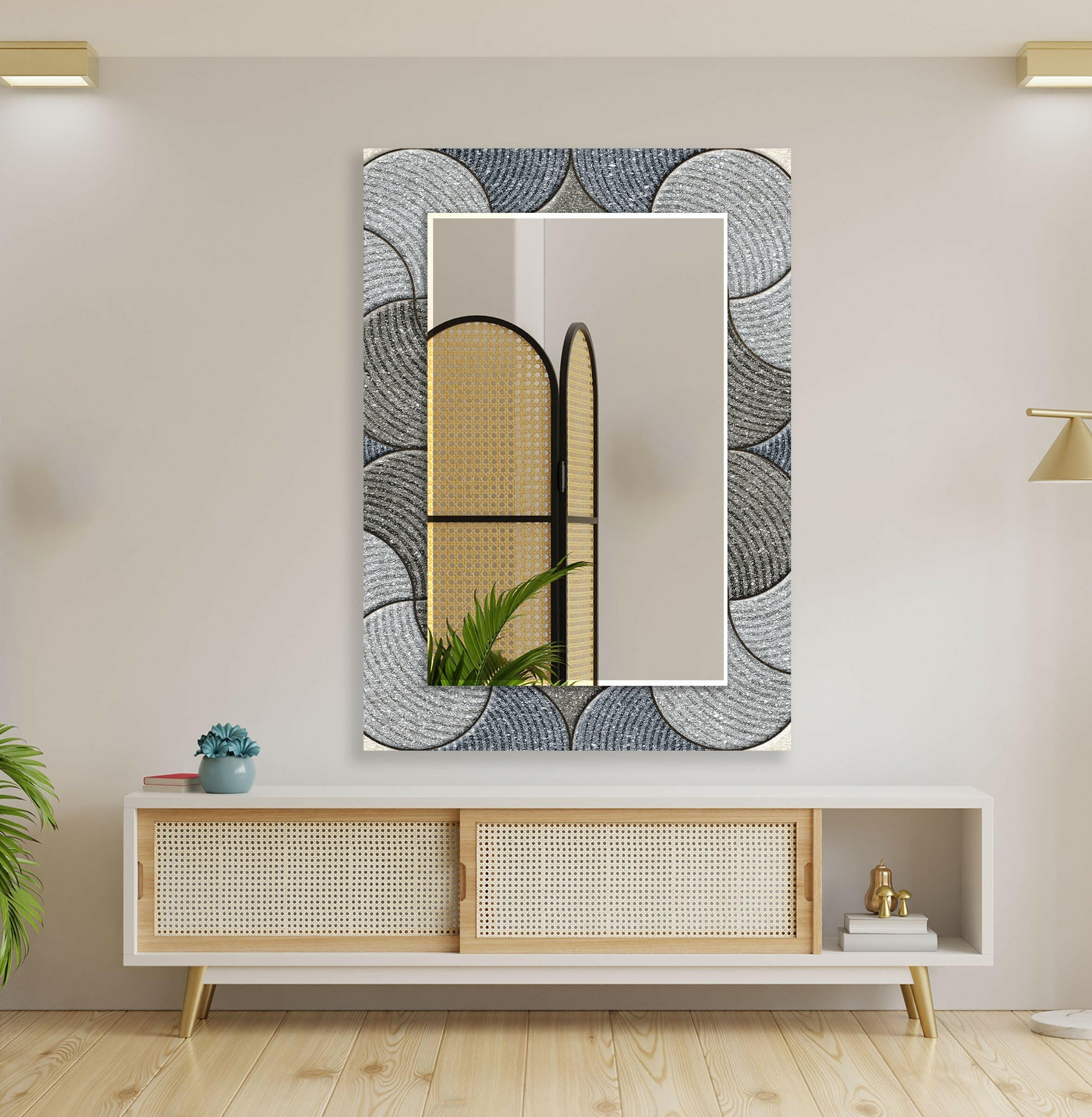 Modern Beige and Gray Circles Design Wall Mirror - Stylish Round Decorative Mirror for Living Room, Bedroom, or Entryway Decor