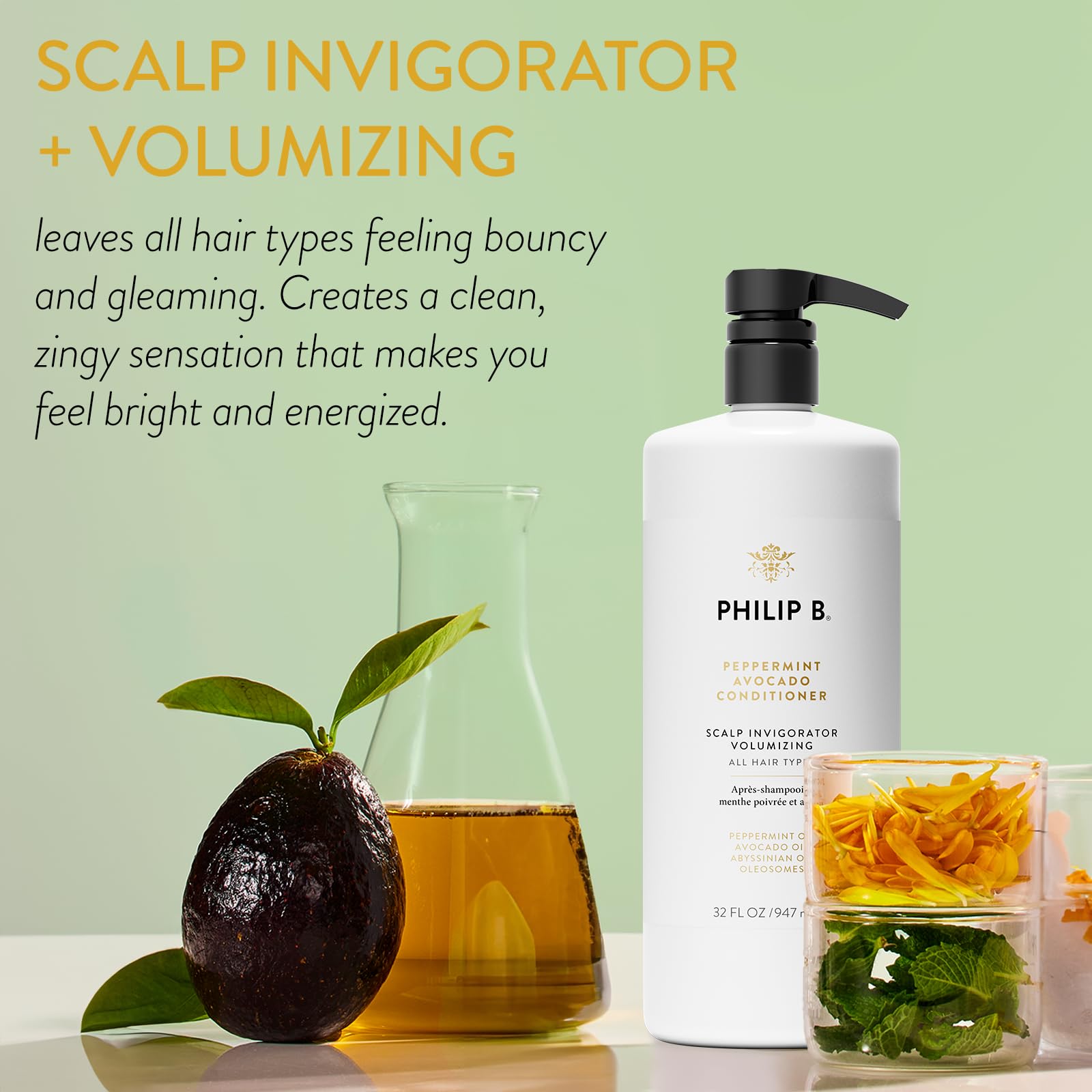PHILIP B Peppermint & Avocado Volumizing Conditioner - 32 fl oz (947 ml) for Thicker Hair with Refreshing Peppermint & Eucalyptus Oils to Stimulate Scalp - Ideal for Daily Hair Care & Spa-Like Treatment at Home