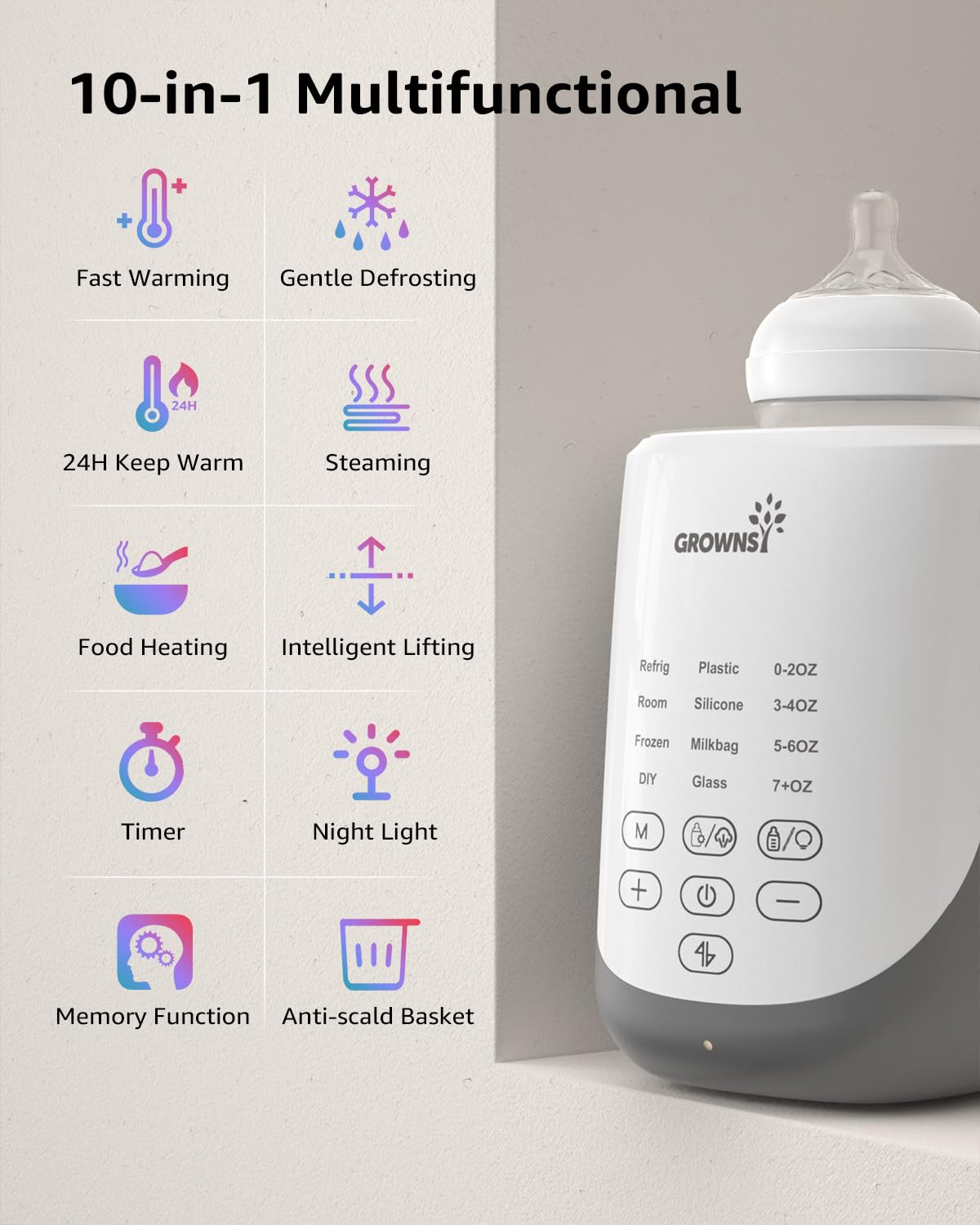 GROWNSY Baby Bottle Warmer with Auto-Lift & Night Light - Fast Heating for Breast Milk and Formula - Perfect for Night Feedings and Travel