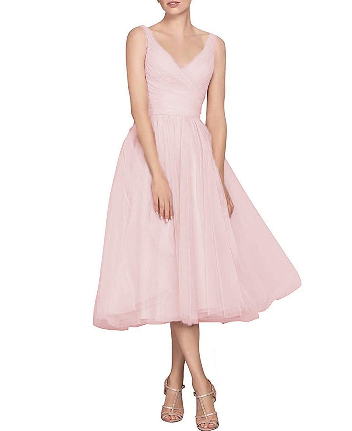 OYISHA Women's V-Neck Tea-Length Bridesmaid Dresses 2021 - Pleated Tulle Formal Evening Gown P017 for Weddings, Parties & Special Occasions