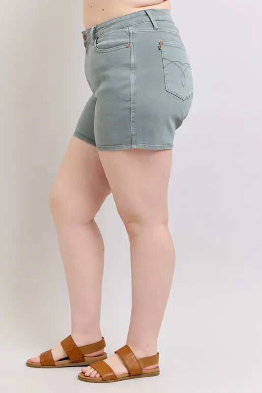Judy Blue Women's Plus Size Garment Dyed Shorts with Back Pocket Embroidery - Comfortable Casual Wear for Summer Outings & Beach Vacations