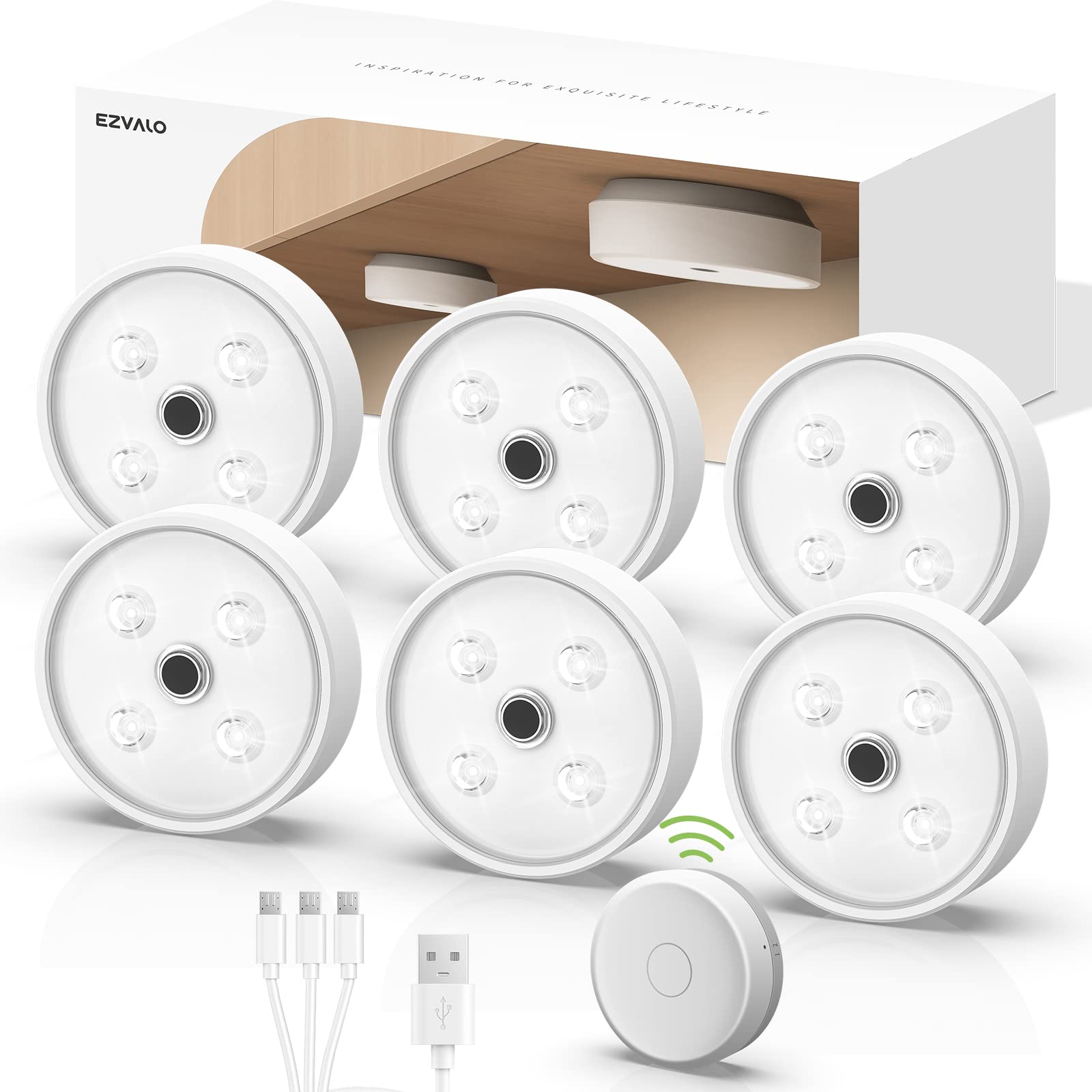 EZVALO Rechargeable Under Cabinet LED Lights - 6 Pack with Motion Sensor, 2 Color Temperatures & Group Control | Dimmable Puck Lights for Kitchen, Closet, Hallway & Counter Lighting | Perfect for Nighttime Navigation & Accent Lighting