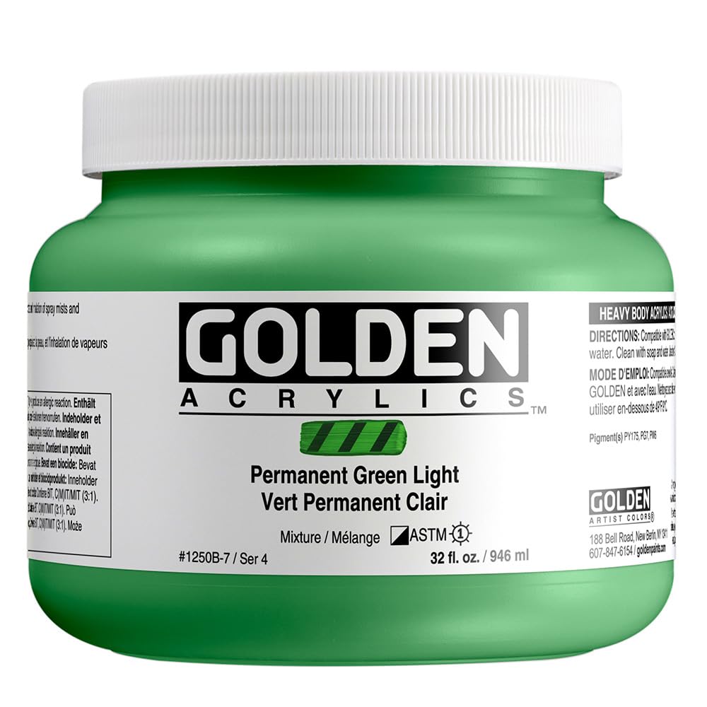 GOLDEN Heavy Body Acrylic Paint - Permanent Green Light 32 fl oz (946ml) Professional Artist Paint - Semi-Opaque Formula for Canvas Painting, Murals & Fine Art