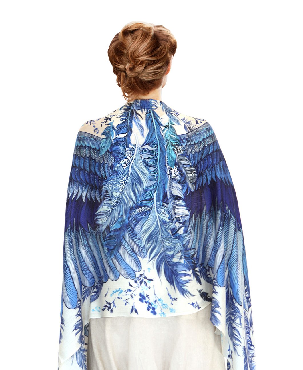 Luxury Blue Silk & Cashmere Scarf with Exquisite Bird Feather Wings Design - Elegant Winter Fashion Accessory for Women, Perfect for Parties, Weddings and Cold Weather Outfits