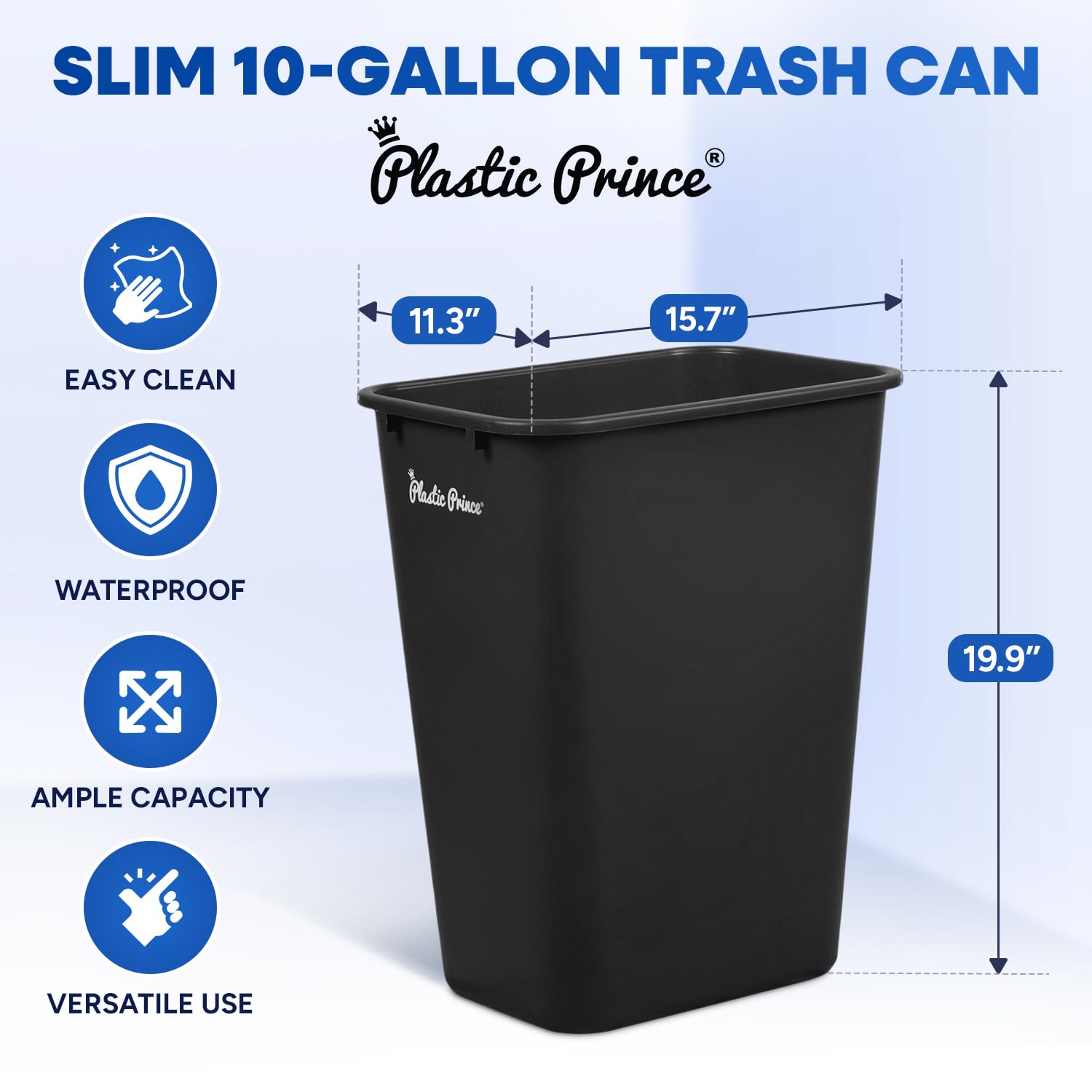 40 Quart Trash Can Set of 2 - Black & Blue Plastic Rectangular 10 Gallon Wastebasket for Kitchen, Bathroom, Office - Fits Under Desk, Cabinet & Sink - Perfect for Home, Office & Commercial Use