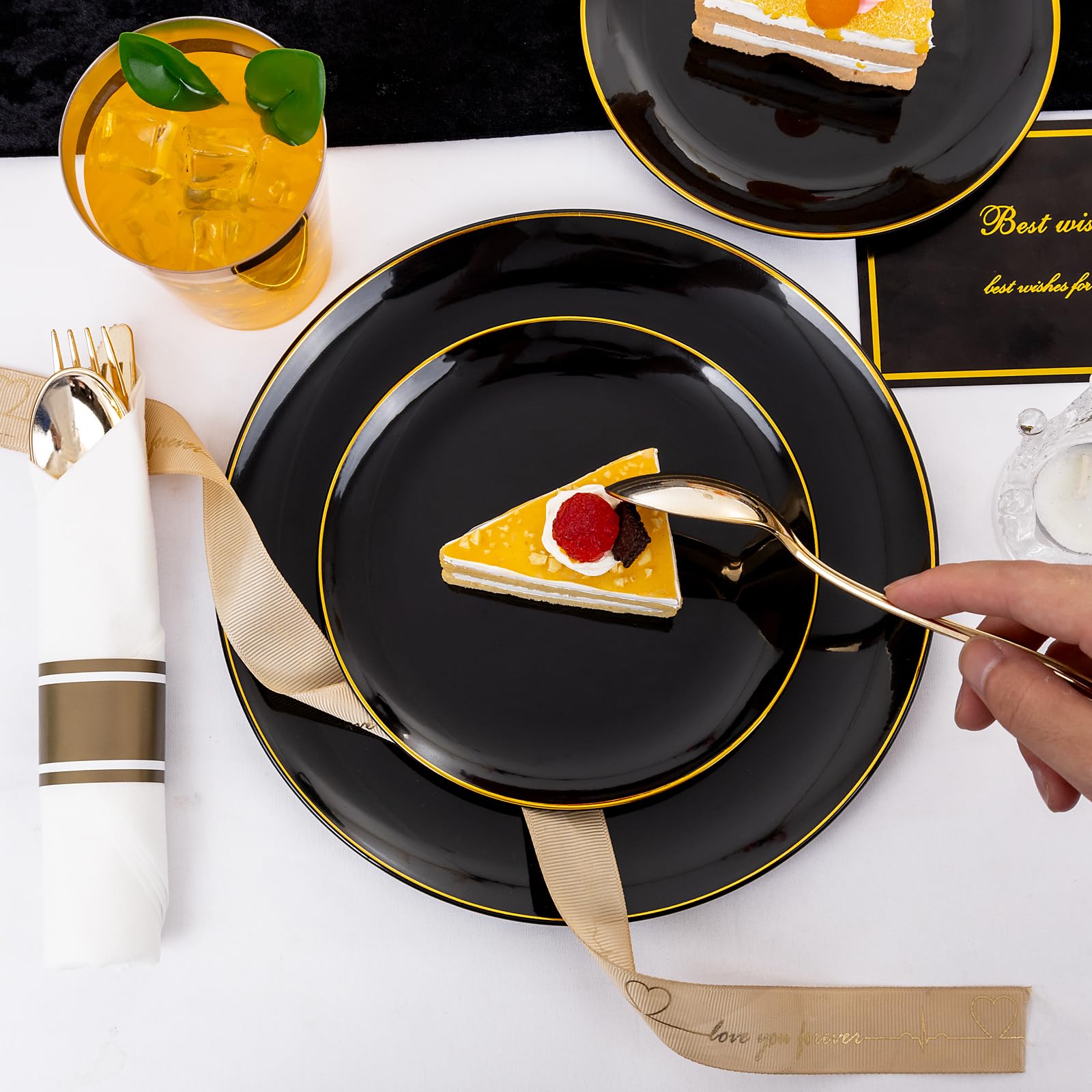 350-Piece Black & Gold Plastic Dinnerware Set for 50 Guests - Includes 50 Dinner Plates, Dessert Plates, Cups & Silverware - Elegant Disposable Tableware for Weddings, Parties & New Year Celebrations
