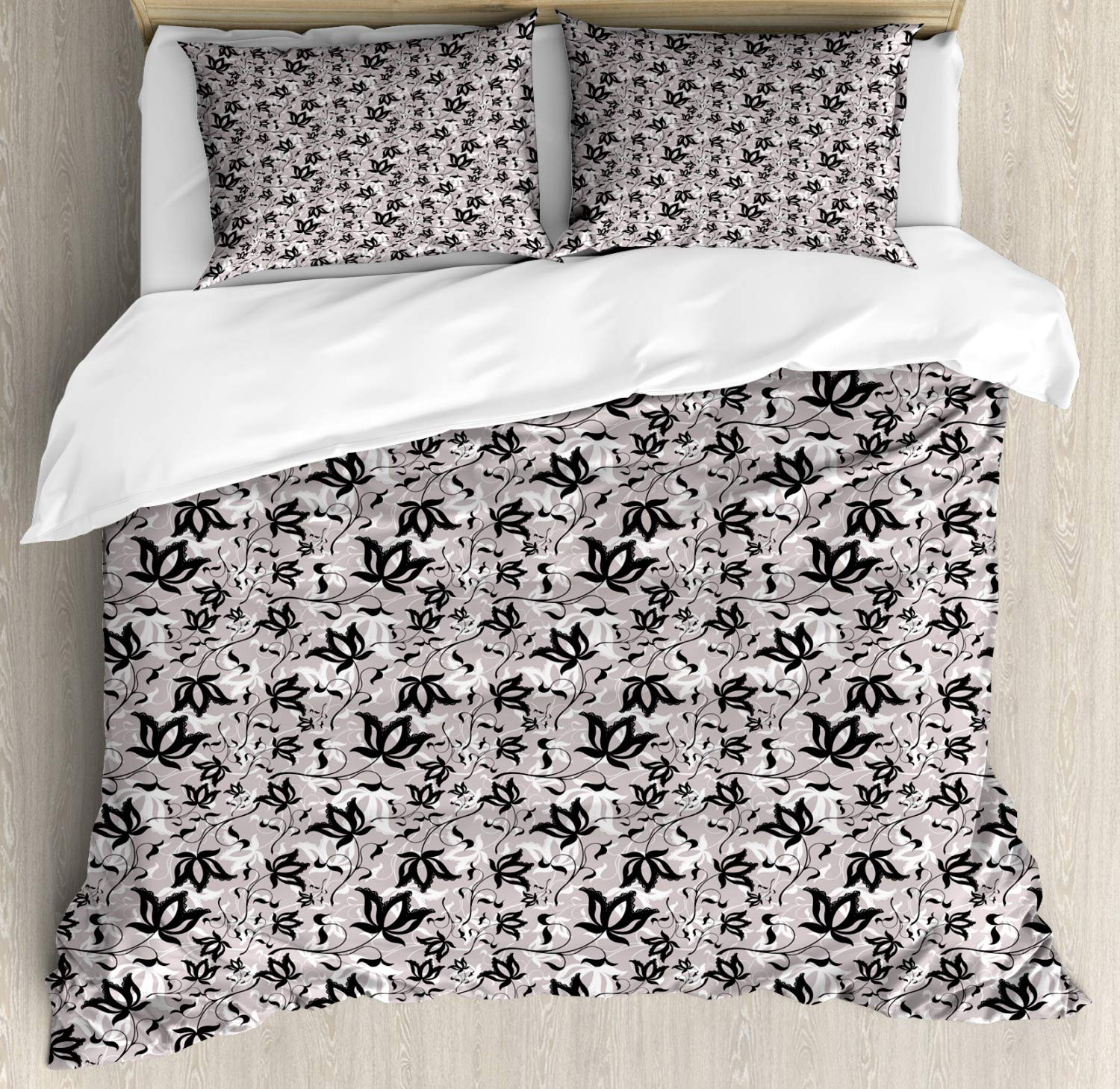 Ambesonne Floral Duvet Cover Set - Gothic Style Rose Petals Love & Romance Themed 3-Piece Bedding Set with 2 Pillow Shams, California King Size, Pale Mauve Black White | Perfect for Gothic Bedroom Decor, Romantic Master Suite, or Victorian-Themed Guest Room