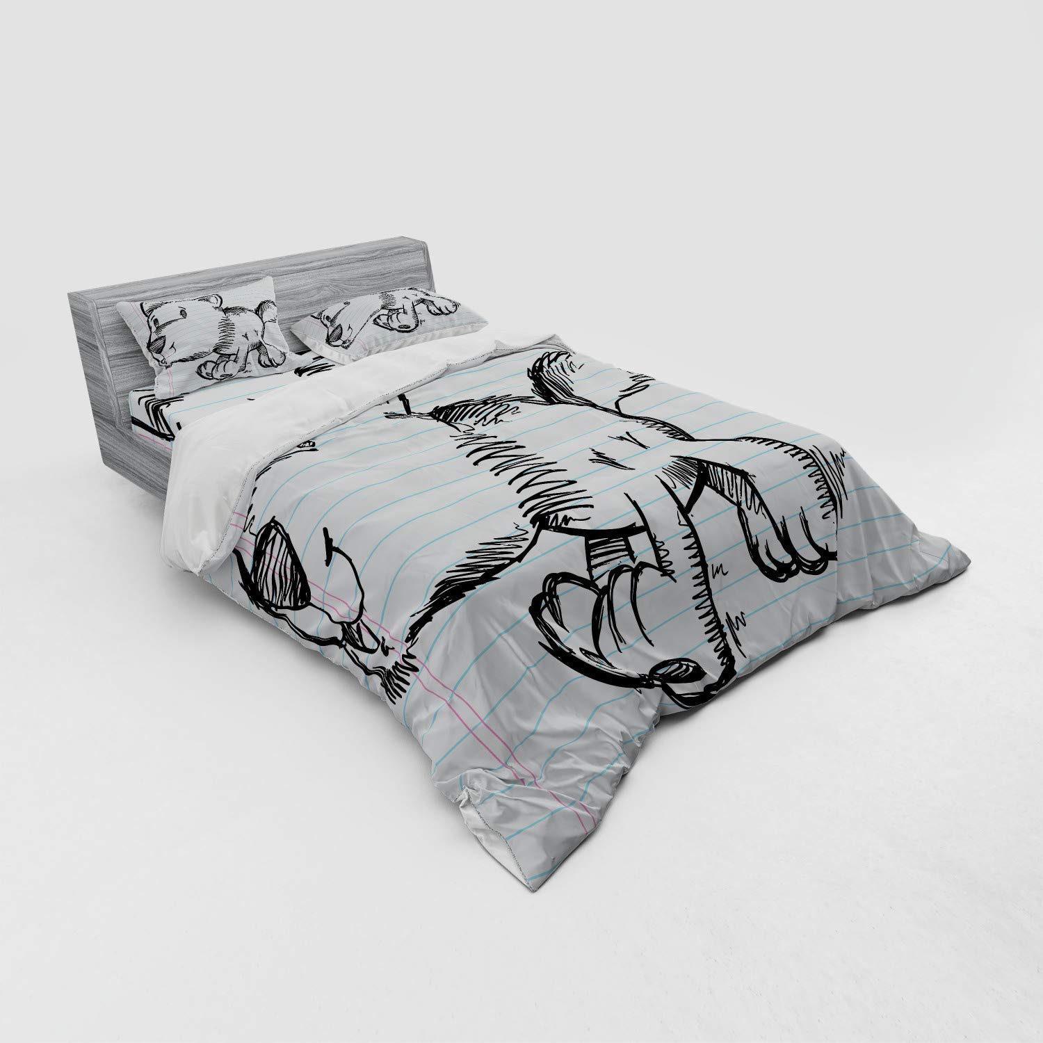 Ambesonne Cartoon 3-Piece Queen Size Bedding Set - Running Puppy Dog Scribble Art Duvet Cover with Sham & Fitted Sheet, Black Pale Blue Pink | Stylish Notebook Page Design for Kids' Room, Teen Bedroom & Dorm Decor