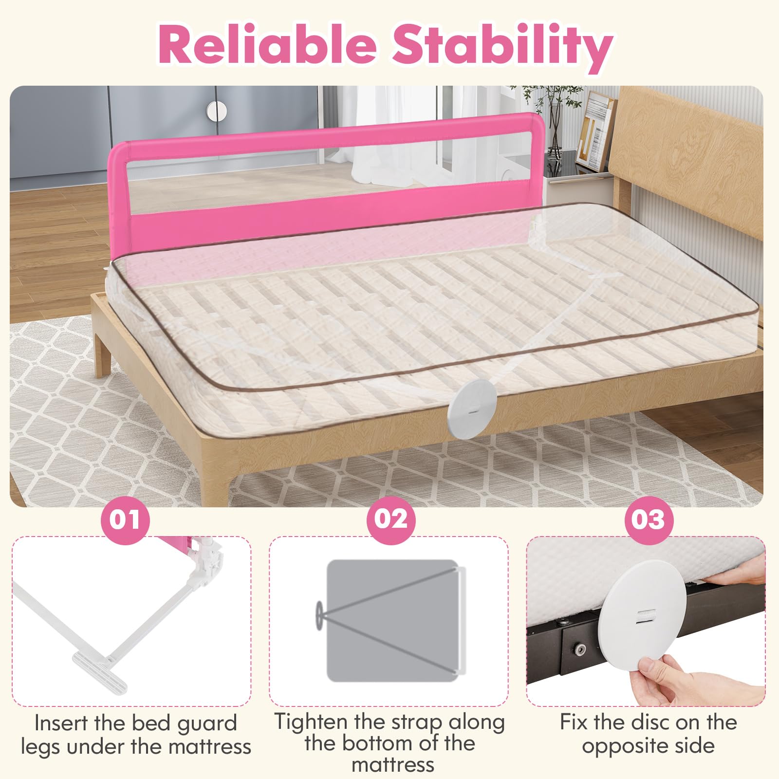 Costzon 2-Pack Extra Long Swing Down Bed Rails for Toddlers & Kids - 71-Inch Safety Bed Guards with Straps - Fits Convertible Crib, Twin, Double, Full, Queen & King Size Beds - Foldable Design (Pink) - Perfect for Childproofing, Preventing Falls & Transitioning from Crib to Big Kid Bed