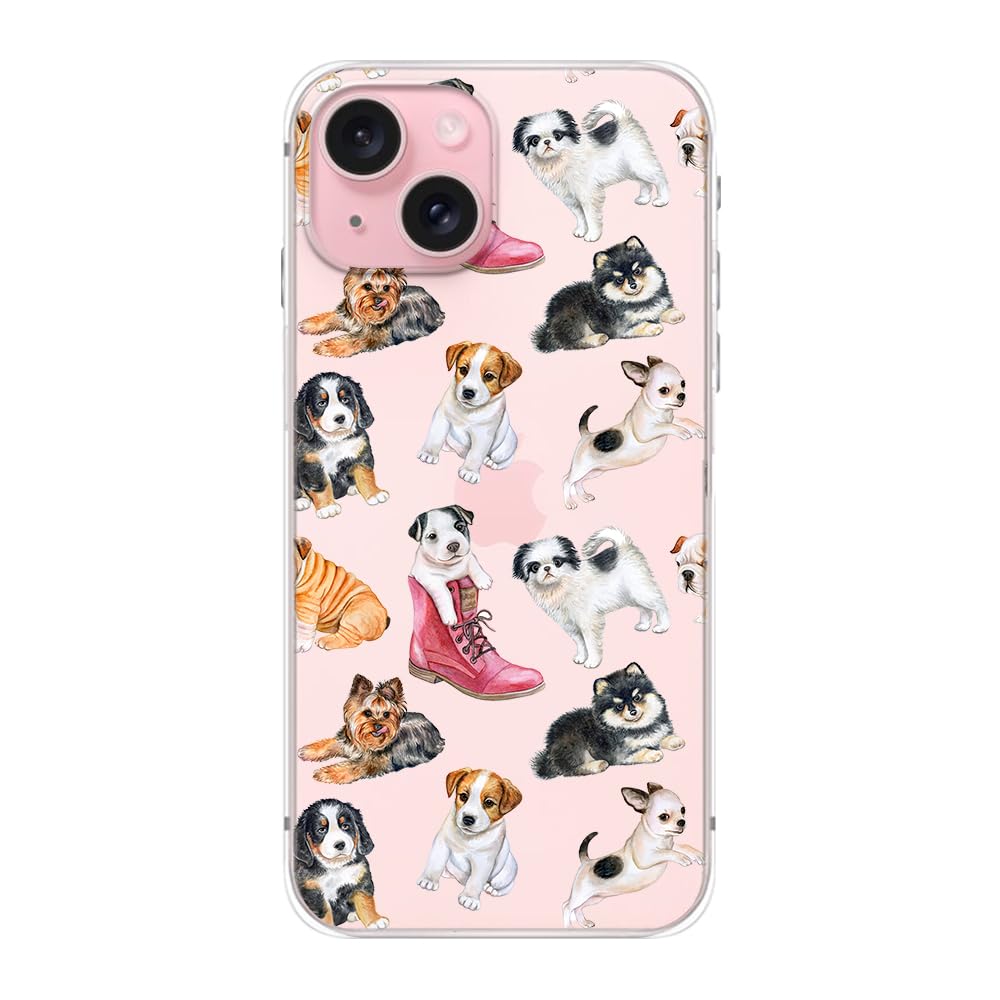 Cute Dog Pattern iPhone 15 Case - Funny Pet Cartoon Design, Soft TPU Clear Protective Cover for 6.1