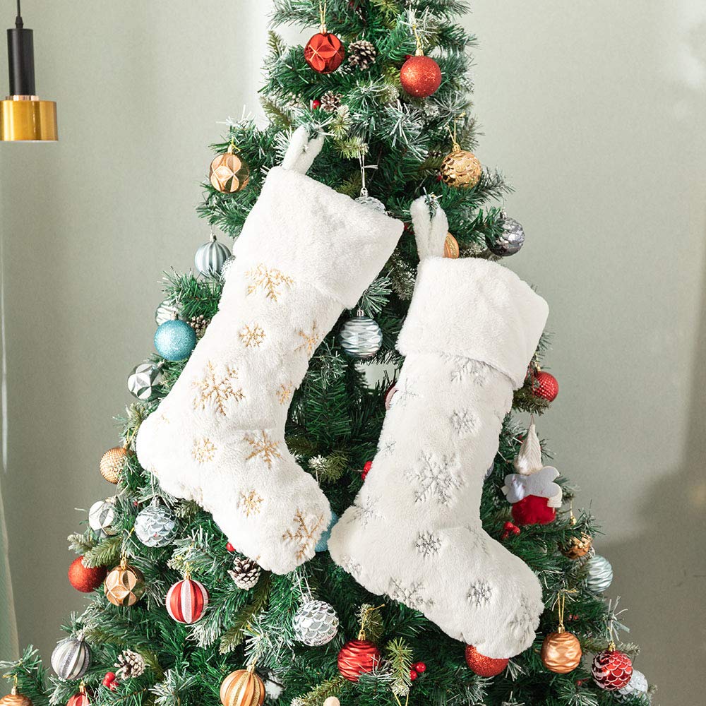 2PCS Large Plush Christmas Stockings - 22 Inches White Faux Fur Xmas Stockings with Silver Sequin Snowflake Design for Fireplace Mantel Decor | Perfect for Holiday Gift Giving & Christmas Home Decor