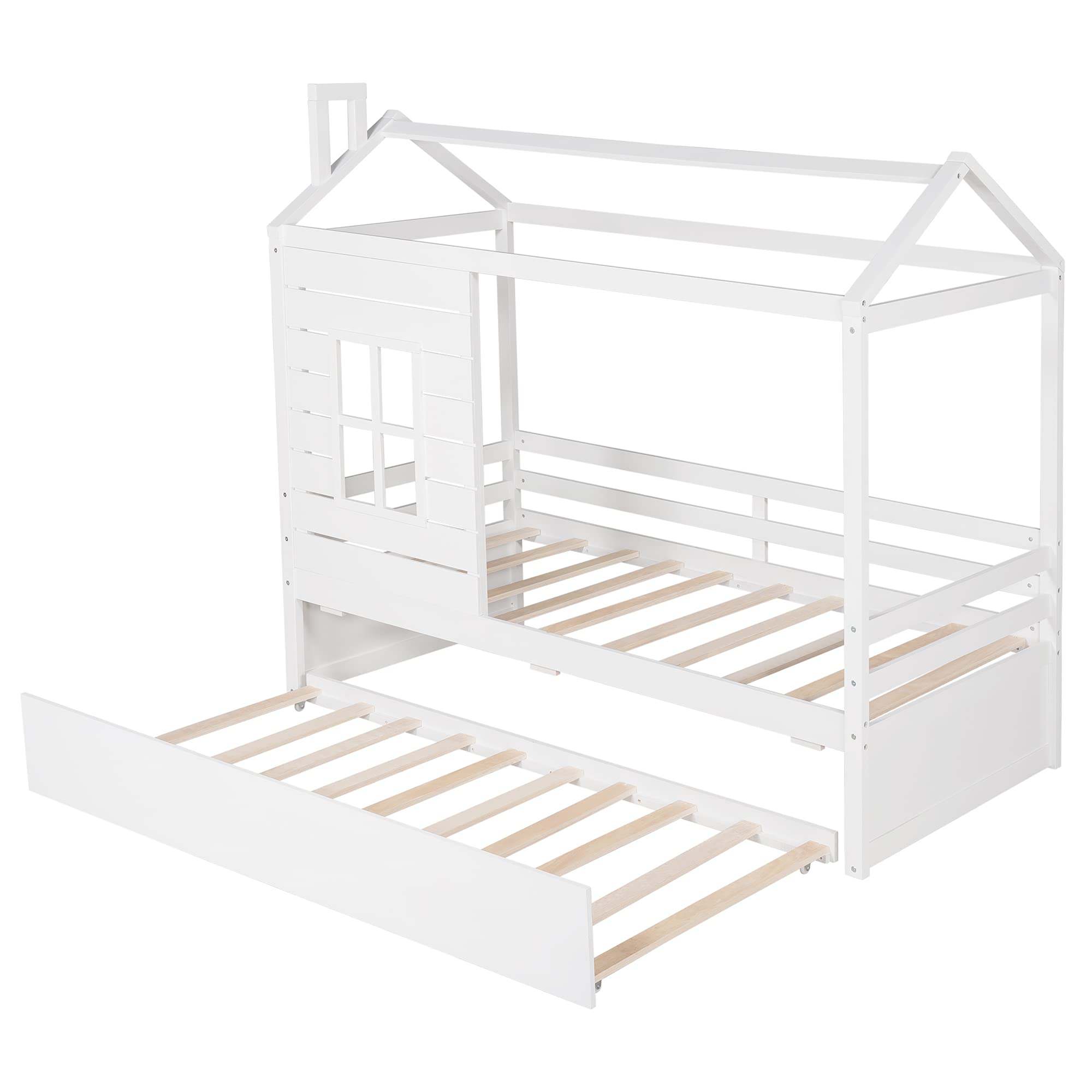 Harper & Bright Designs Twin House Bed with Trundle - Solid Wood Kids Bed Frame for Boys & Girls - White Modern Children's Bedroom Furniture - Perfect for Small Spaces & Sleepovers