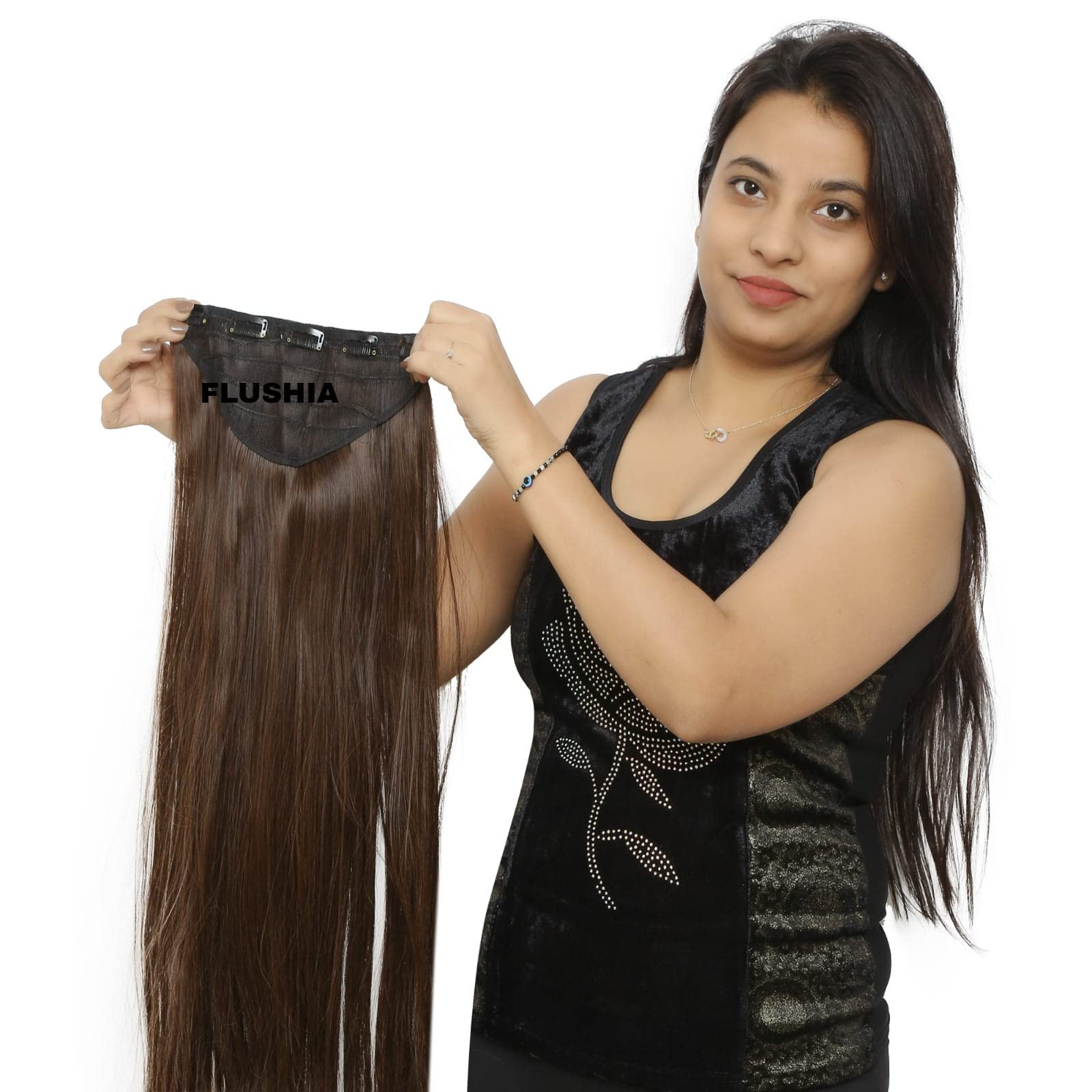FLUSHIA 24 Inch Dark Brown Synthetic Hair Extensions with 5 Clips | Straight Synthetic Fiber Weft for Women & Girls | Perfect for Daily Wear, Parties & Cosplay (630 Brown)
