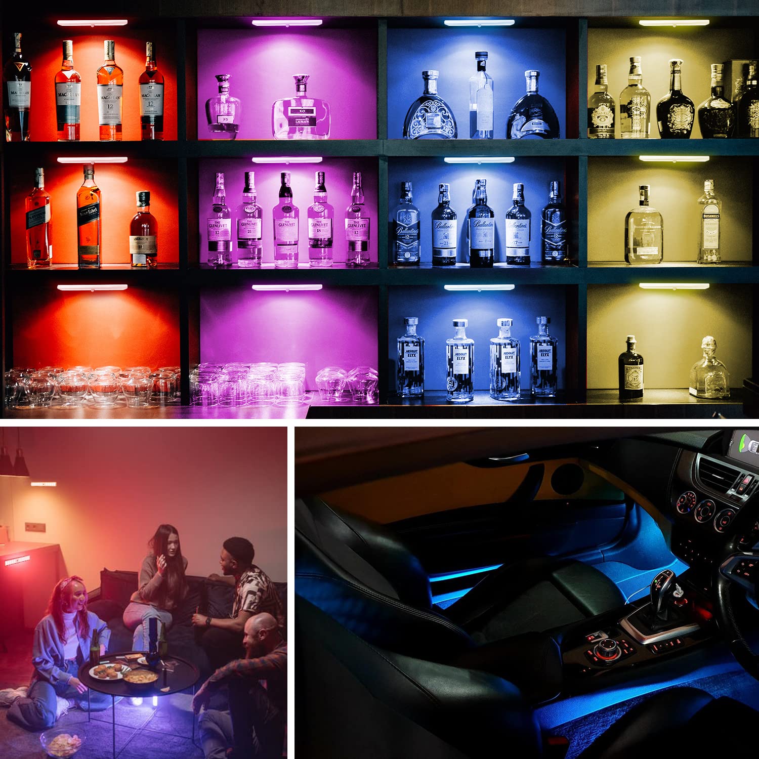 48 LED Rechargeable Under Cabinet Lights with Remote - Dimmable RGB Kitchen Counter & Closet Lighting, 15 Color Changing LED Bar Lights for Shelf, Car, Hallway (6 Pack) - Perfect for Home Kitchen, Garage, Display Cabinets & Mood Lighting