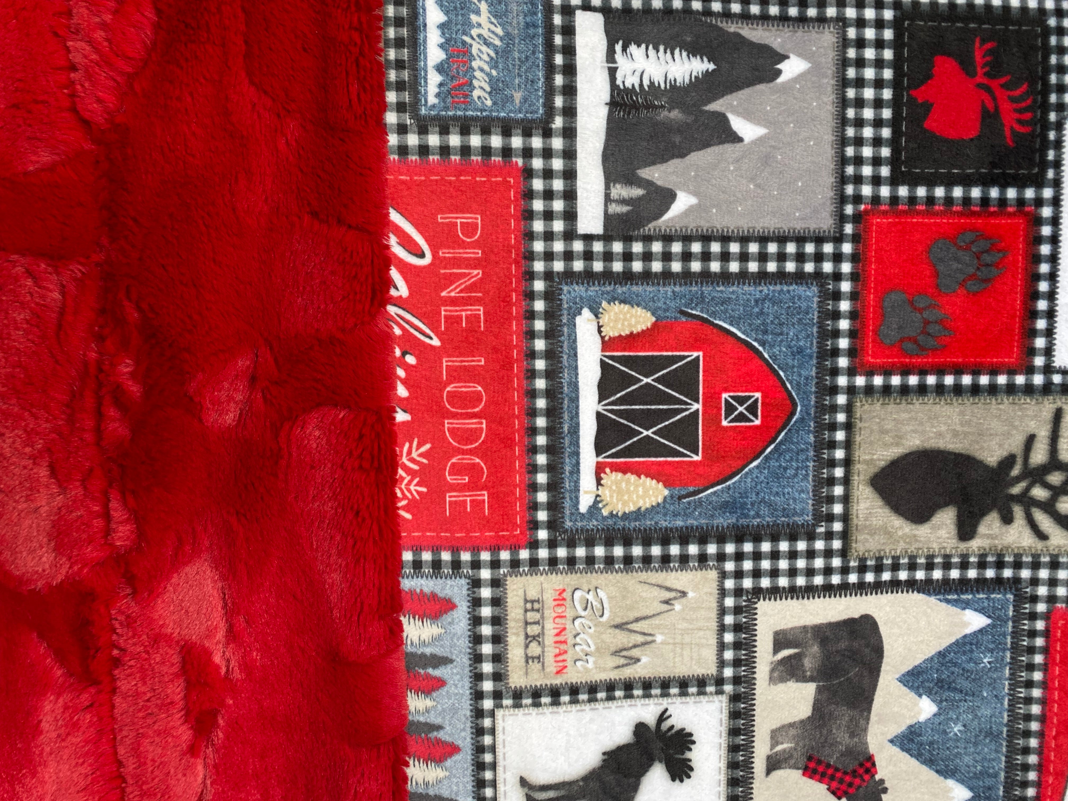 Lodge Patches Jeans on Red Luxe Hide X Wide Minky Blanket - Large 67x72 - Cozy Flannel Throw for Cabin, Camping & Home Decor