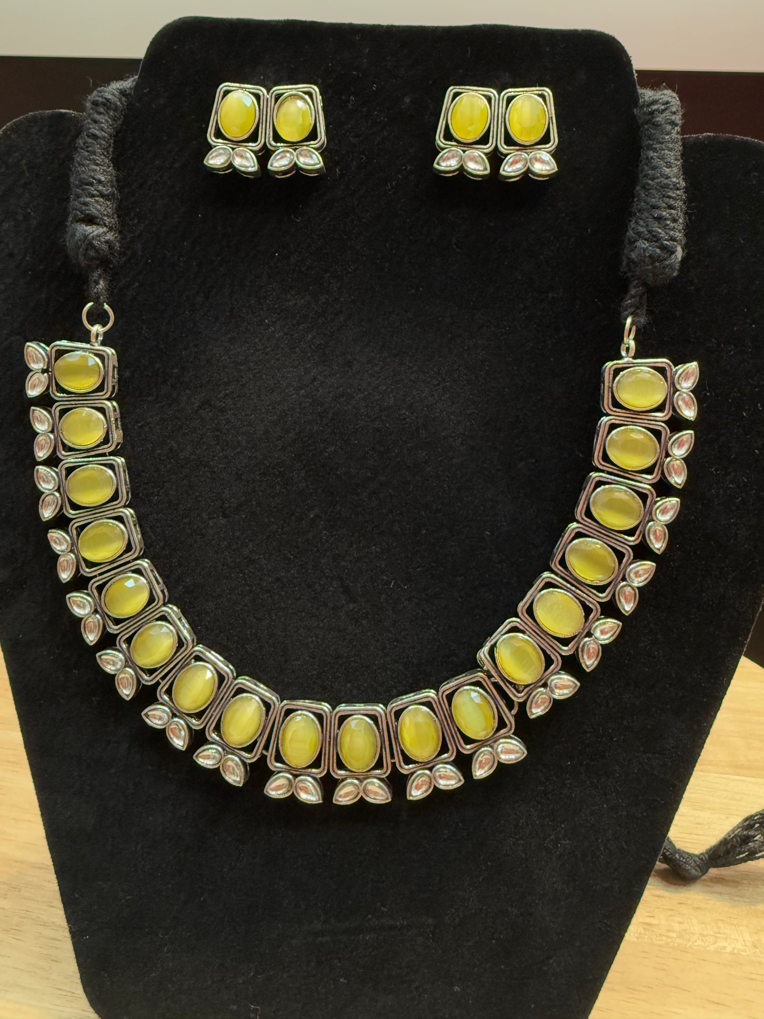 Elegant Yellow & Silver Oxidized Necklace and Earrings Set - Boho Jewelry for Women, Perfect for Parties, Weddings & Everyday Wear