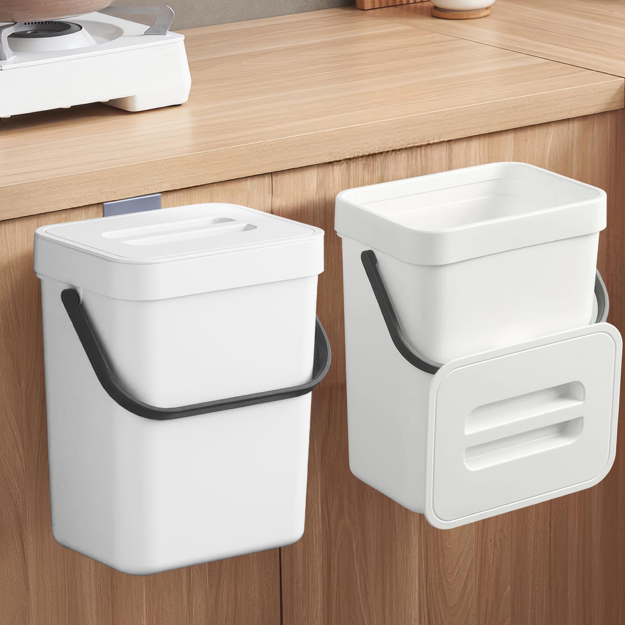 Eco-Friendly Indoor Compost Bin - 1.3 Gallon (5L) Hanging Small Trash Can with Lid for Kitchen & Bathroom, Under Sink Waste Basket, Countertop Compost Bucket - Perfect for Organic Waste Recycling, Food Scraps Collection & Sustainable Living (White)