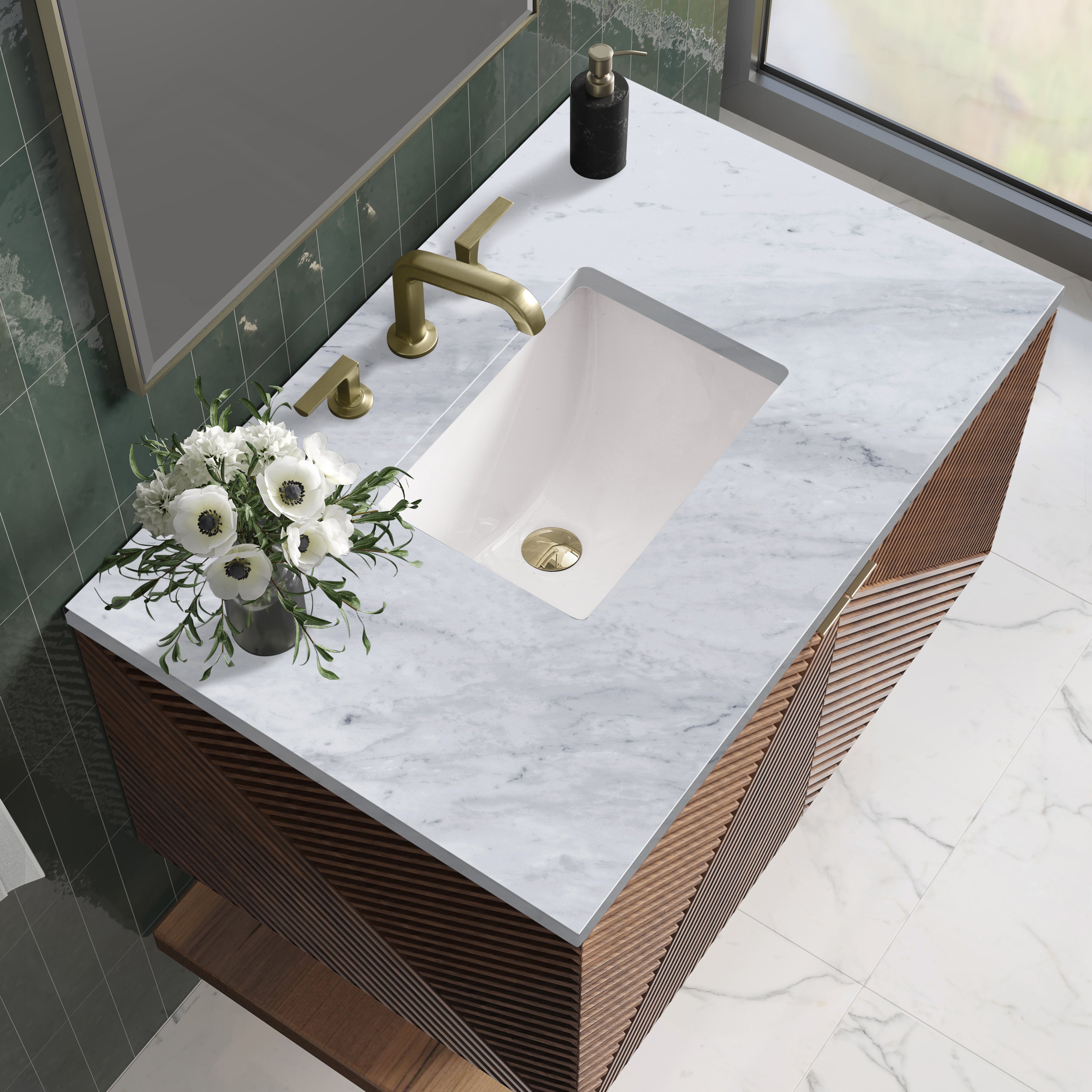 Marcello 36 Inch Single Bathroom Vanity with Carrara Marble Top - Chestnut Finish for Modern Home Decor | Perfect for Small Bathrooms & Powder Rooms