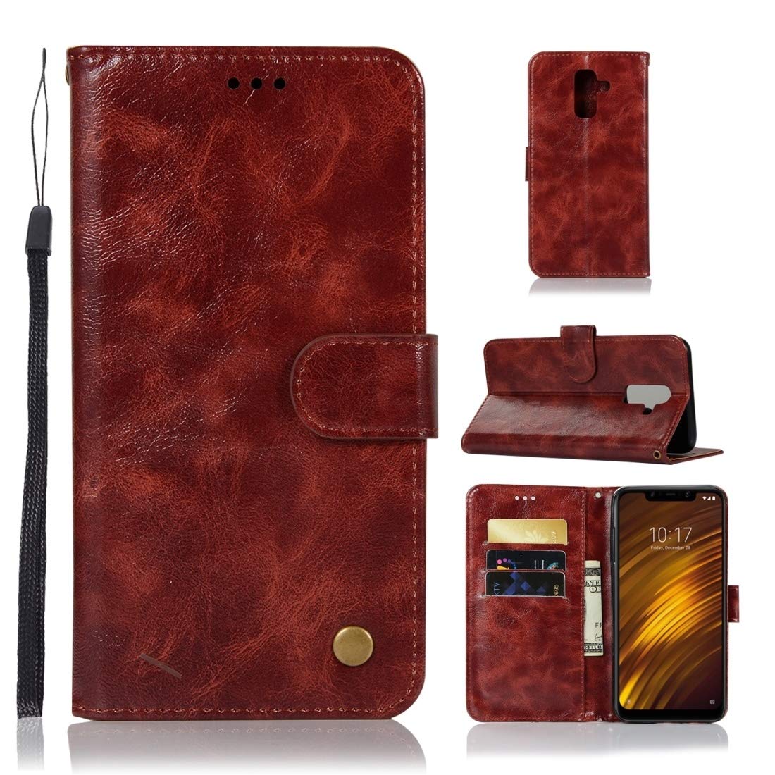 Xiaomi Pocophone F1 Retro Leather Flip Case with Card Holder & Lanyard - Vintage Copper Buttons, Wallet Function, Horizontal Flip Design (Wine Red) - Perfect for Daily Use, Travel & Business Meetings