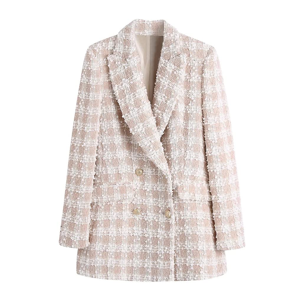 Vintage Women's Tweed Double Breasted Blazer Coat - Long Sleeve Flap Pocket Jacket for Office, Business & Formal Occasions | Chic Female Outerwear (Color: A, Size: S)