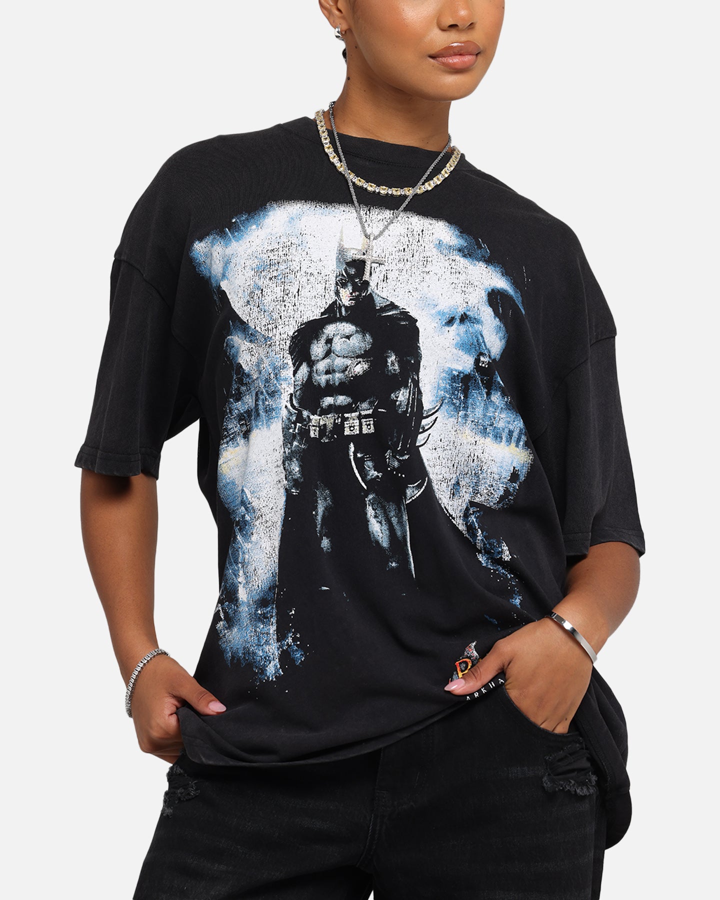 73 Studio X DC Batman Arkham Asylum Vintage Graphic Tee - Black Acid Wash Distressed Cotton T-Shirt for Men - Perfect for Comic Con, Cosplay & Batman Fans